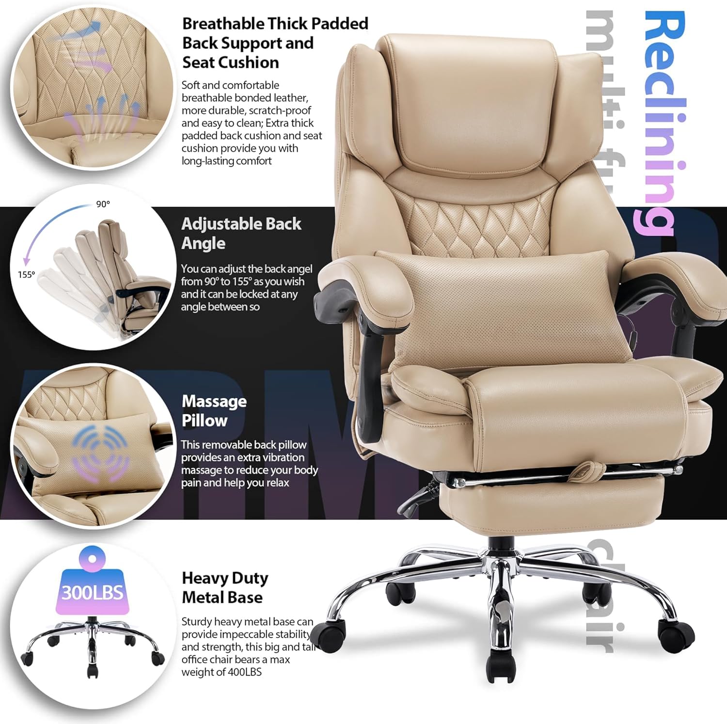 Silla de oficina reclinable con respaldo alto y reposapiés, cojín lumbar para computadora ejecutiva, ángulo ajustable, acolchado grueso transpirable
