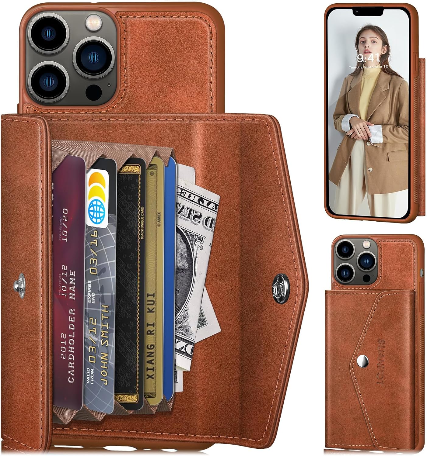 SUANPOT Funda tipo cartera para iPhone 13 Pro Max de 6.7 pies con bloqueo RFID, soporte para tarjetas de crédito, funda de piel sintética con tapa