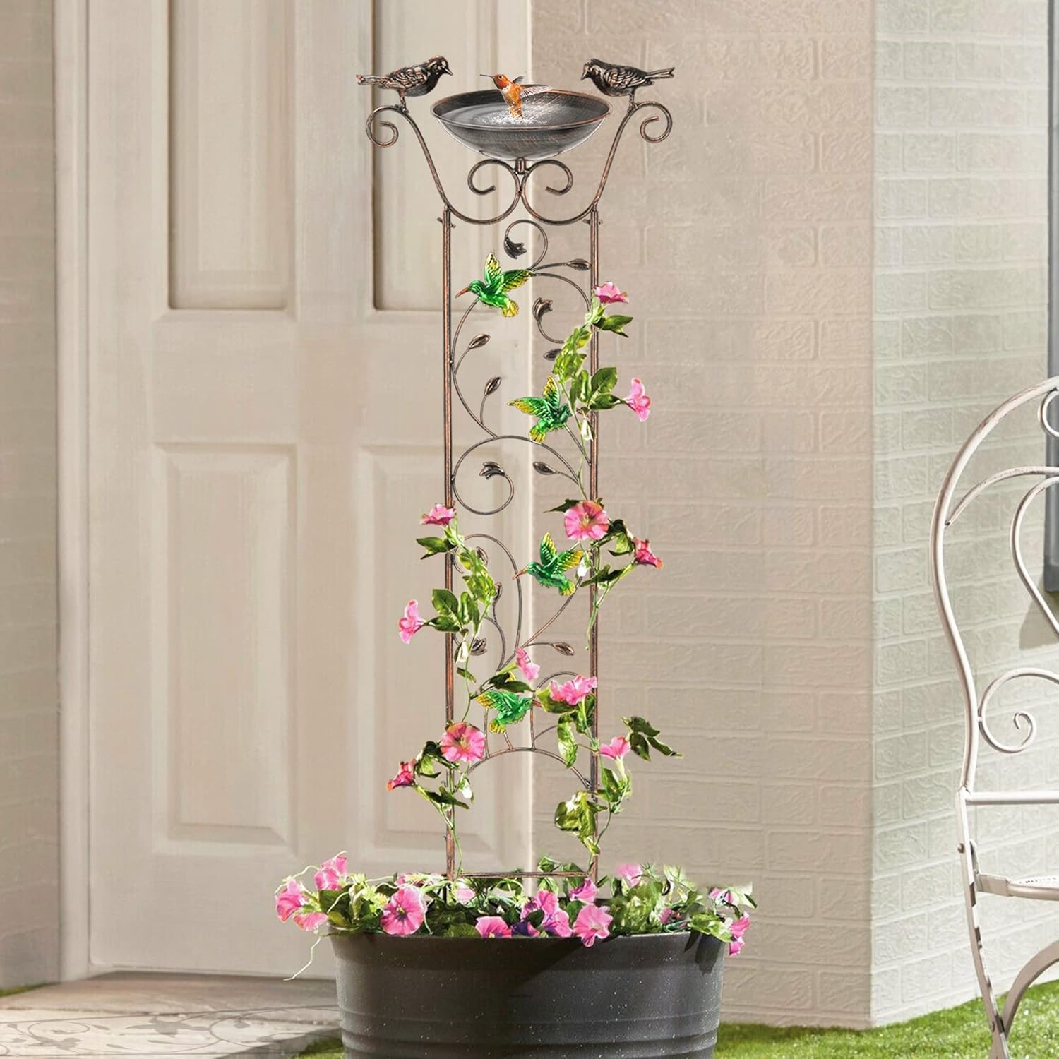 LEWIS&WAYNE Enrejado de jardín para pájaros al aire libre, 40 pulgadas de hierro antiguo enrejado decorativo con colibríes y cuenco desmontable para