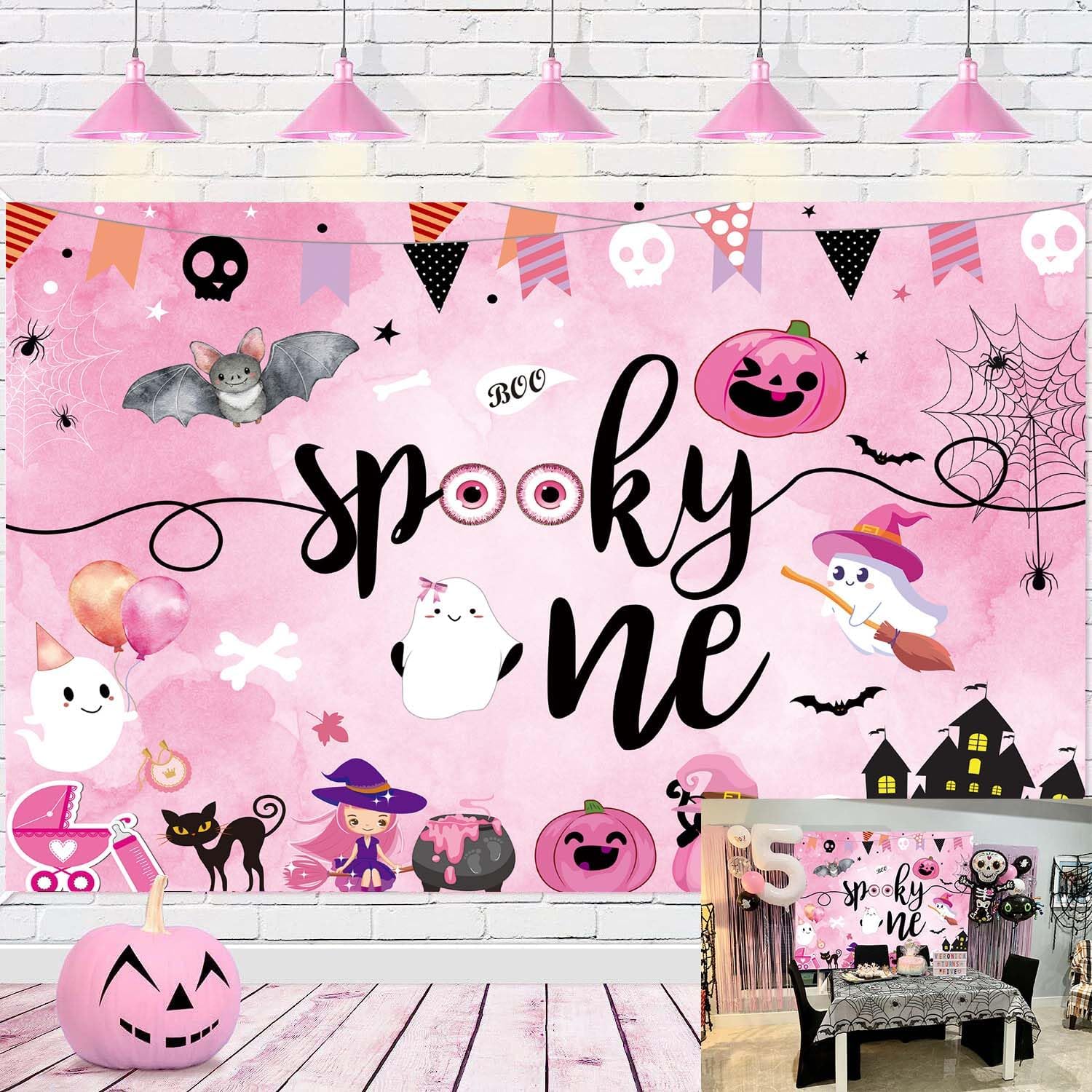 Telón de fondo espeluznante de Halloween para fiesta de primer cumpleaños, rosa, Halloween, calabaza, murciélago, fantasma, cráneo, acuarela, fondo