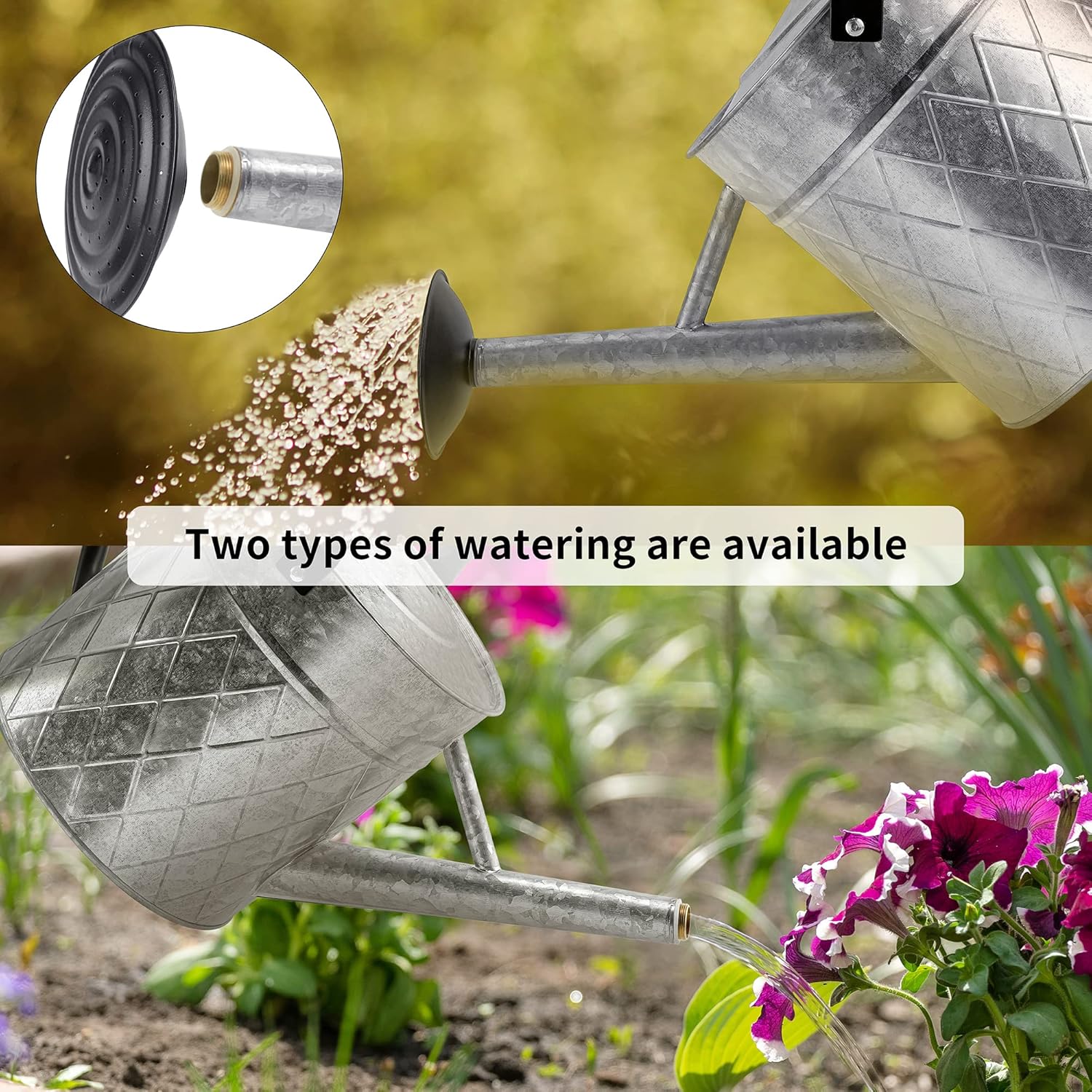 Regadera de metal galvanizado para exteriores de 1.75 galones para plantas de jardín, regadera de zinc vintage con boquilla rociadora extraíble,