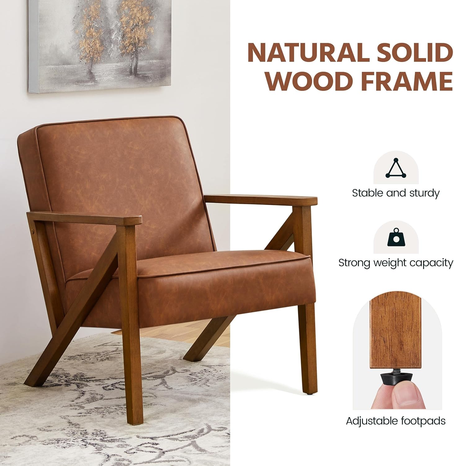 Yaheetech Silla decorativa de piel sintética con marco de madera, moderna silla retro para sala de estar, oficina, área de recepción, color marrón