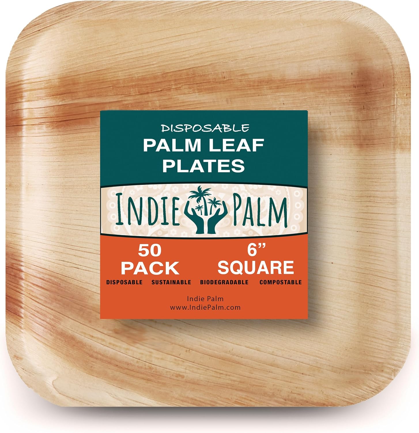 Indie Palm Platos desechables de hoja de palma, cuadrados de 6 pulgadas paquete de 50 100% compostables, alternativa ecológica al papel o al bambú,