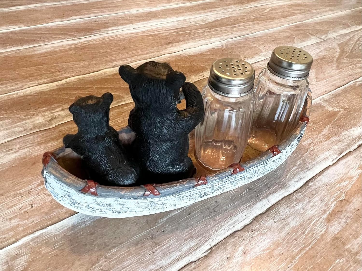 Black Bear & Cub – Juego de sal y pimienta para canoa, decoración rústica para cabaña