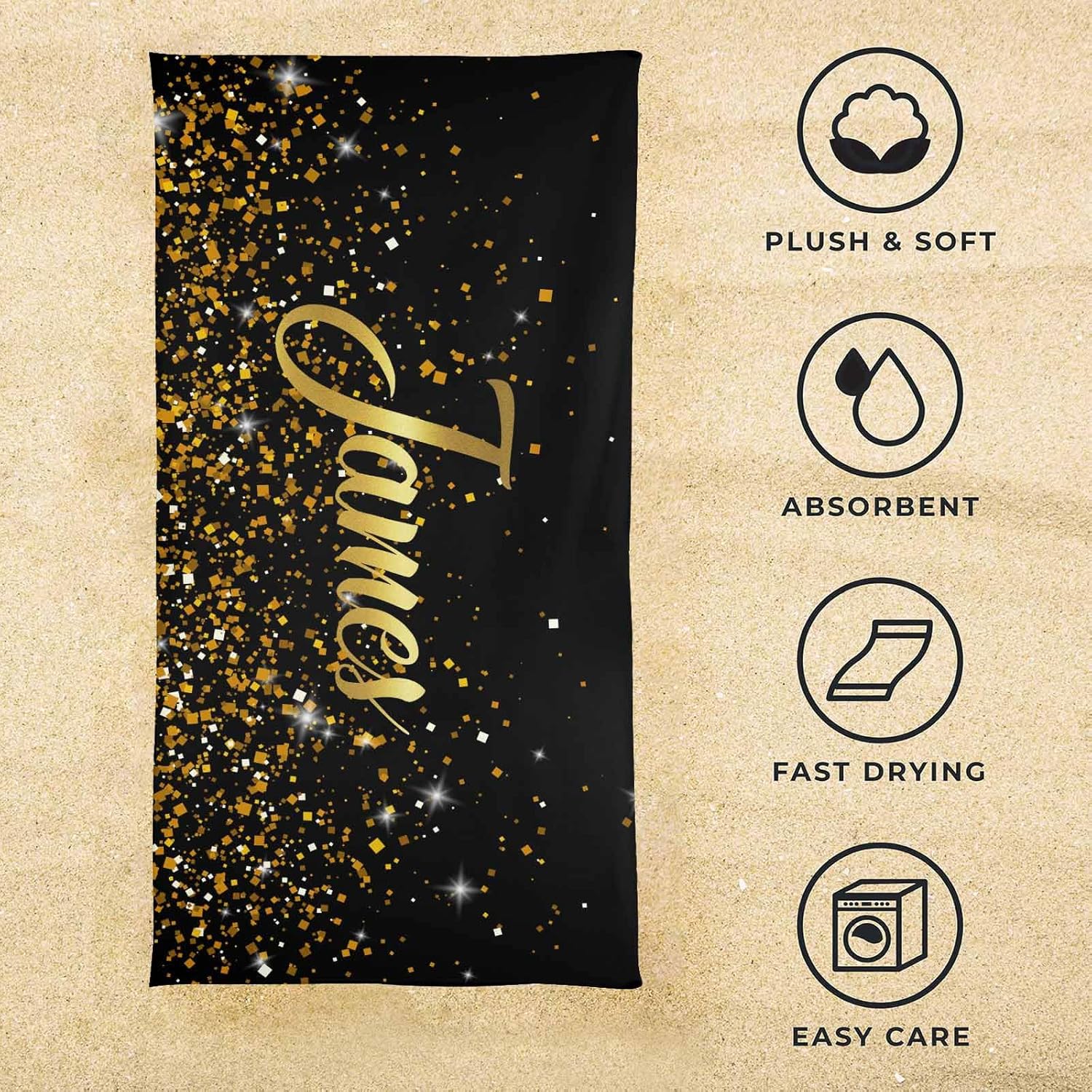 Toalla de playa personalizada con texto dorado brillante, color negro, piscina, natación, viajes, grande, suave, ligera, texto personalizado,