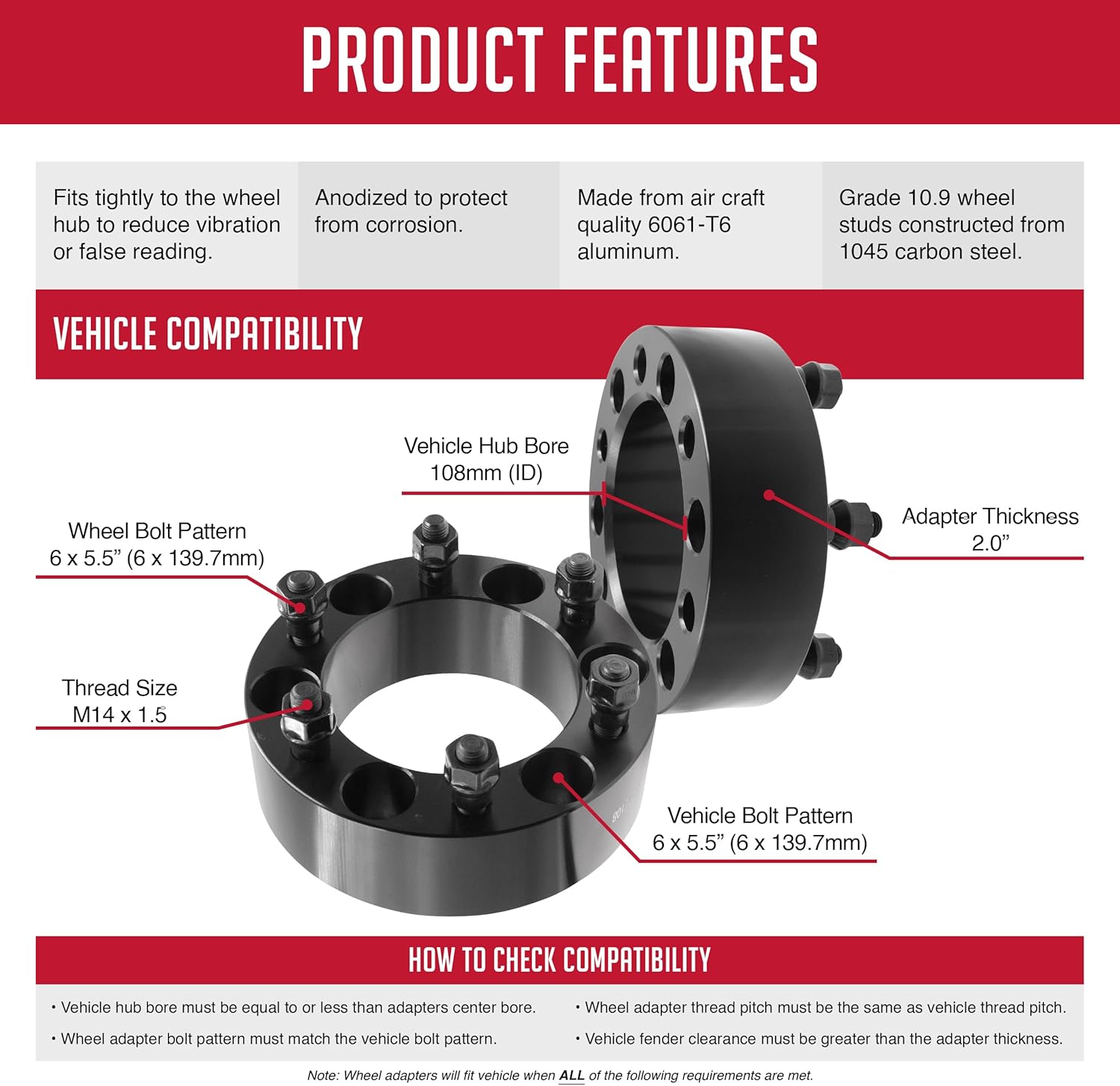 Wheel Accessories Parts 4 adaptadores espaciadores de rueda de 6 x 5.50 6 en 5.500 in 2.00 pulgadas de grosor 0.551 in 1.50 14×150 rosca 4.252 in
