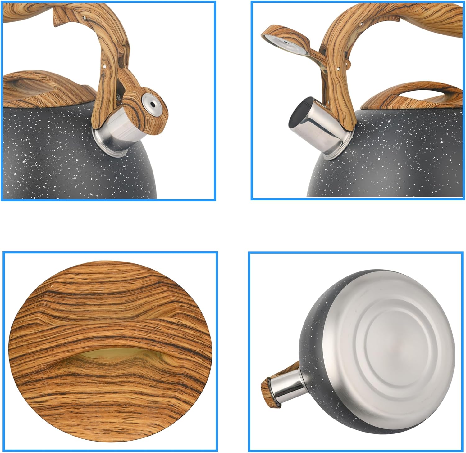 Tetera silbante para estufa, acero inoxidable de grado alimenticio, teteras negras para estufa con mango anticalor y botón de apertura y cierre de