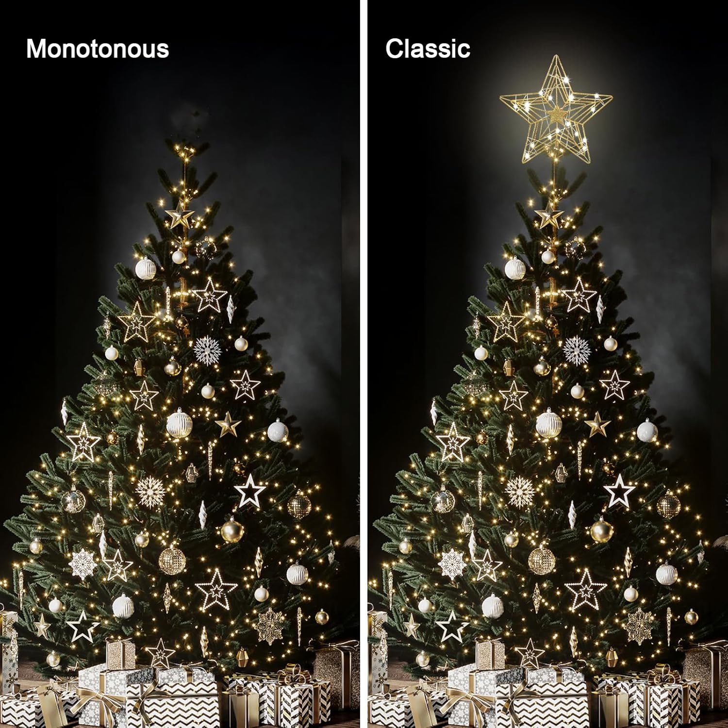 Decoración para árbol de Navidad, estrella dorada de hogardeck para decoración de Navidad, 20 luces LED con purpurina para decoración de árbol de