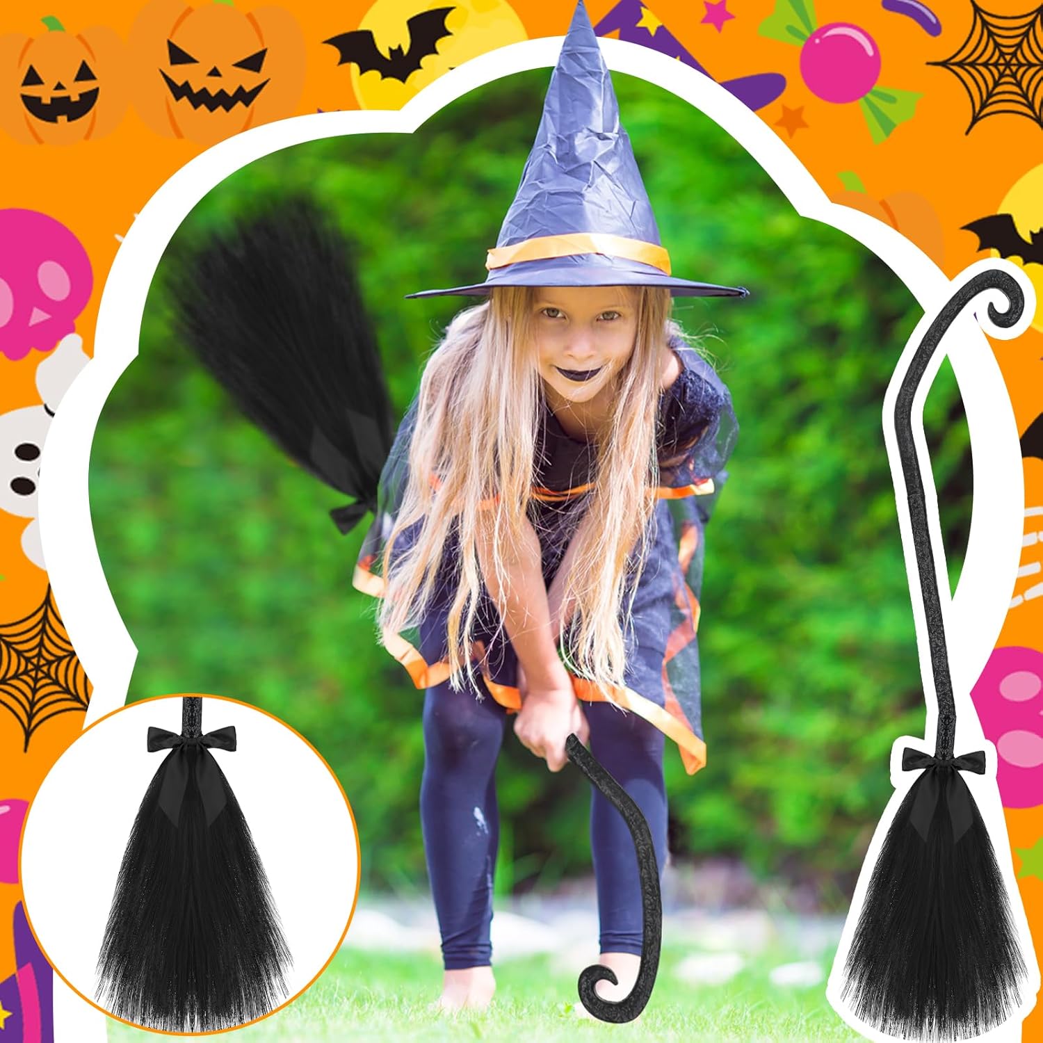 Escoba de bruja de Halloween, escoba de bruja de Halloween con cintas, accesorios de bruja de mago, decoración de bruja, disfraz de bruja, escoba