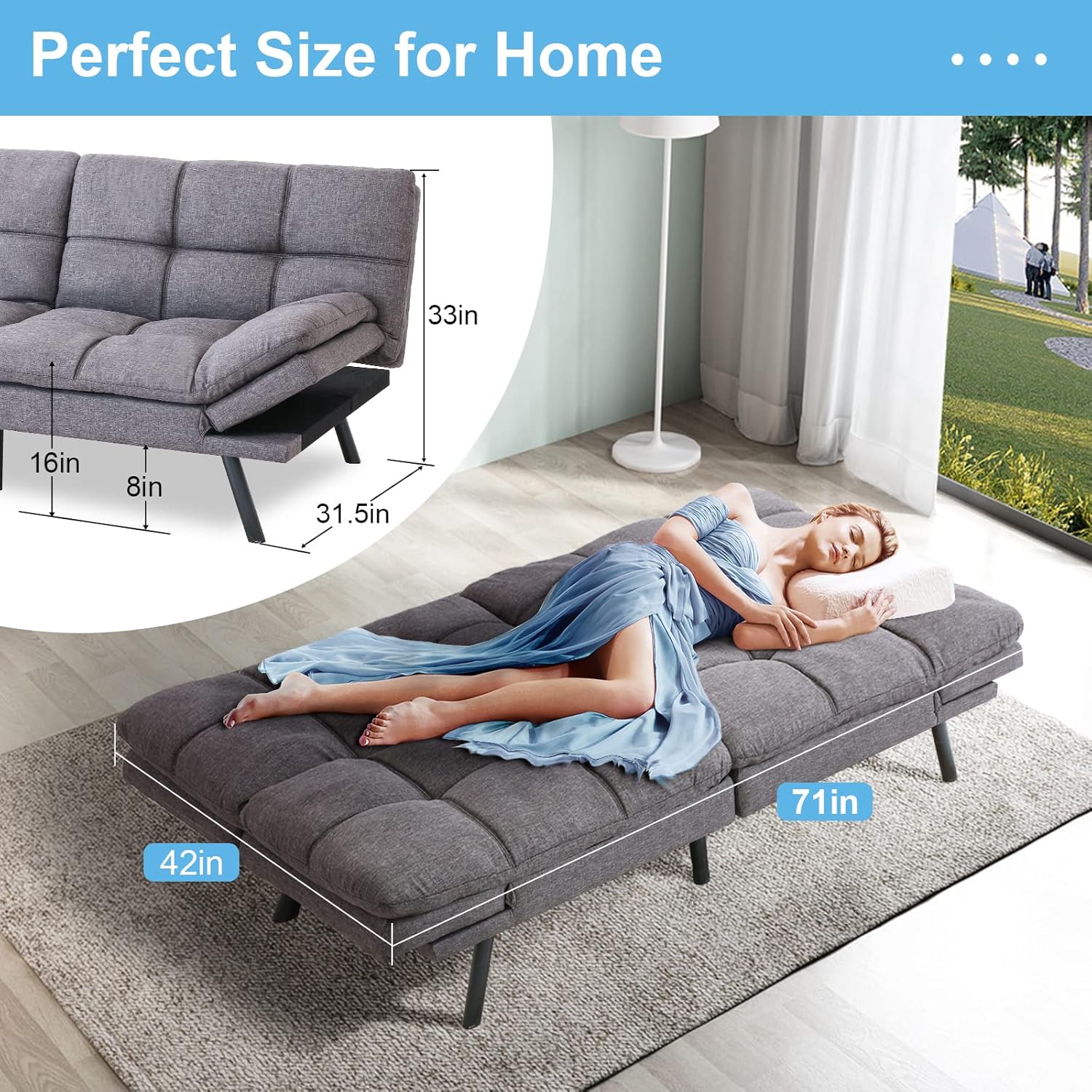 Opoiar, Moderno convertible, sofá de espuma viscoelástica, sofá biplaza futón, sofá de cama ajustable de lino transpirable, sofá cama ajustable de