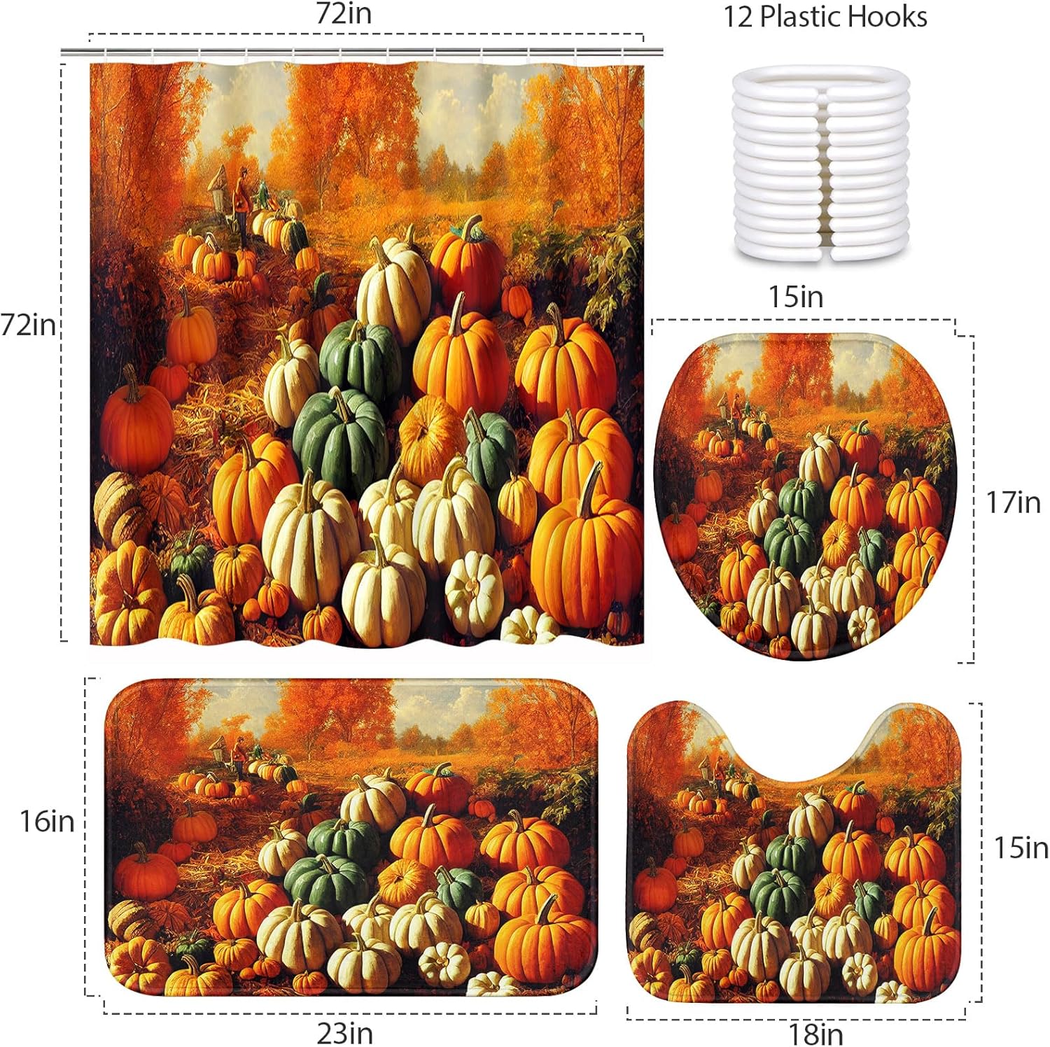 ArtSocket Juego de cortina de ducha de otoño Batheoom con alfombras, juego de baño naranja con alfombra antideslizante, cubierta de tapa de inodoro,