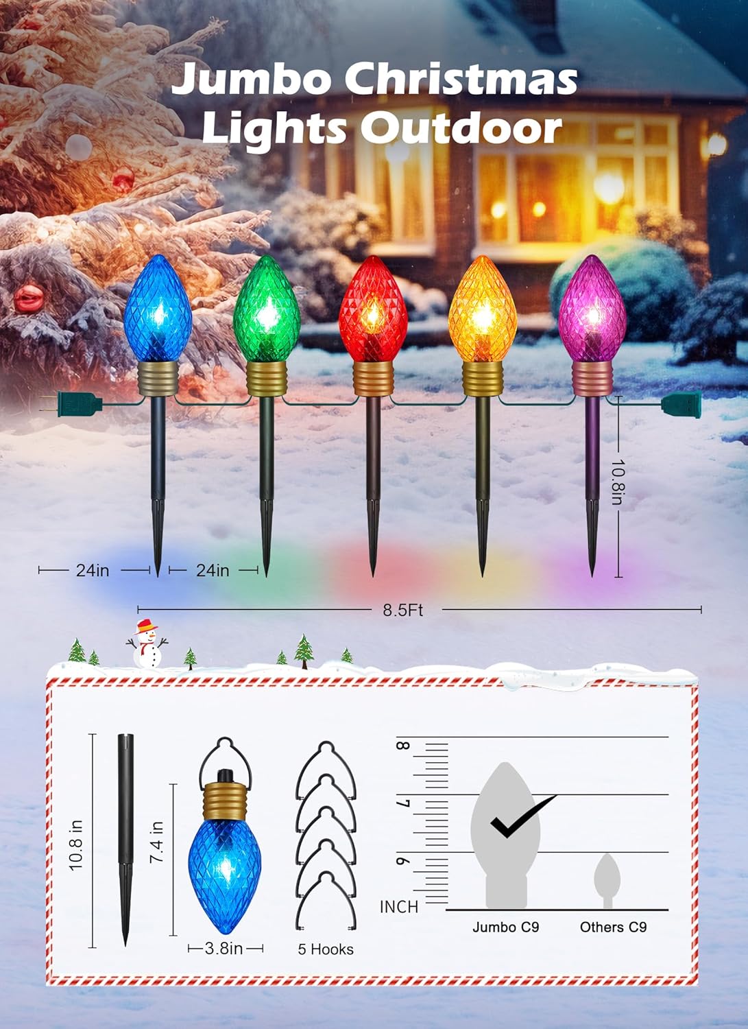 Strawberry Jumbo C9 – Luces de camino de Navidad para exteriores, 8.5 pies, 5 luces LED Jumbo C9, bombilla multicolor gigante, luces de Navidad para
