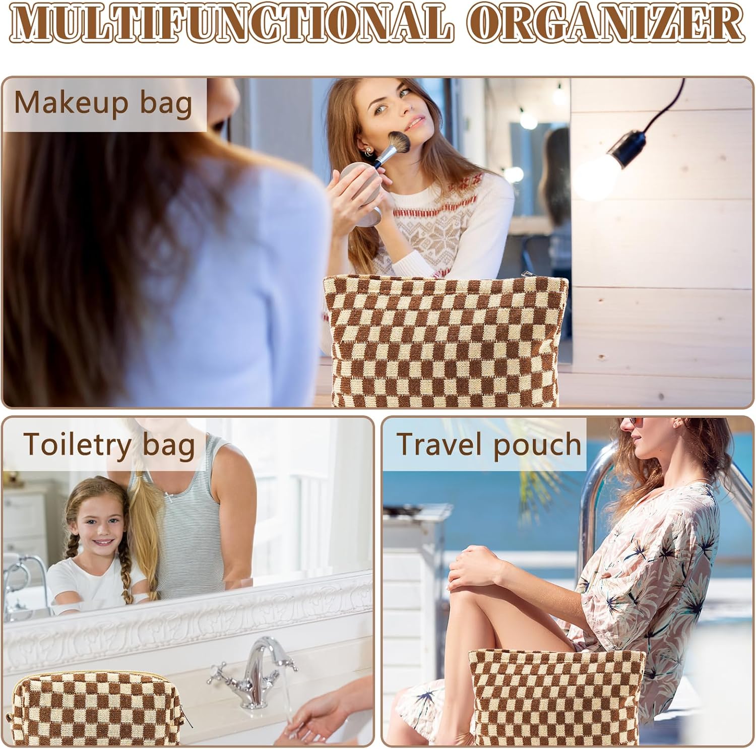 ZLFSRQ Bolsa de maquillaje a cuadros para mujer, juego de bolsa de cosméticos de gran capacidad, bolsa de maquillaje de viaje para bolso,