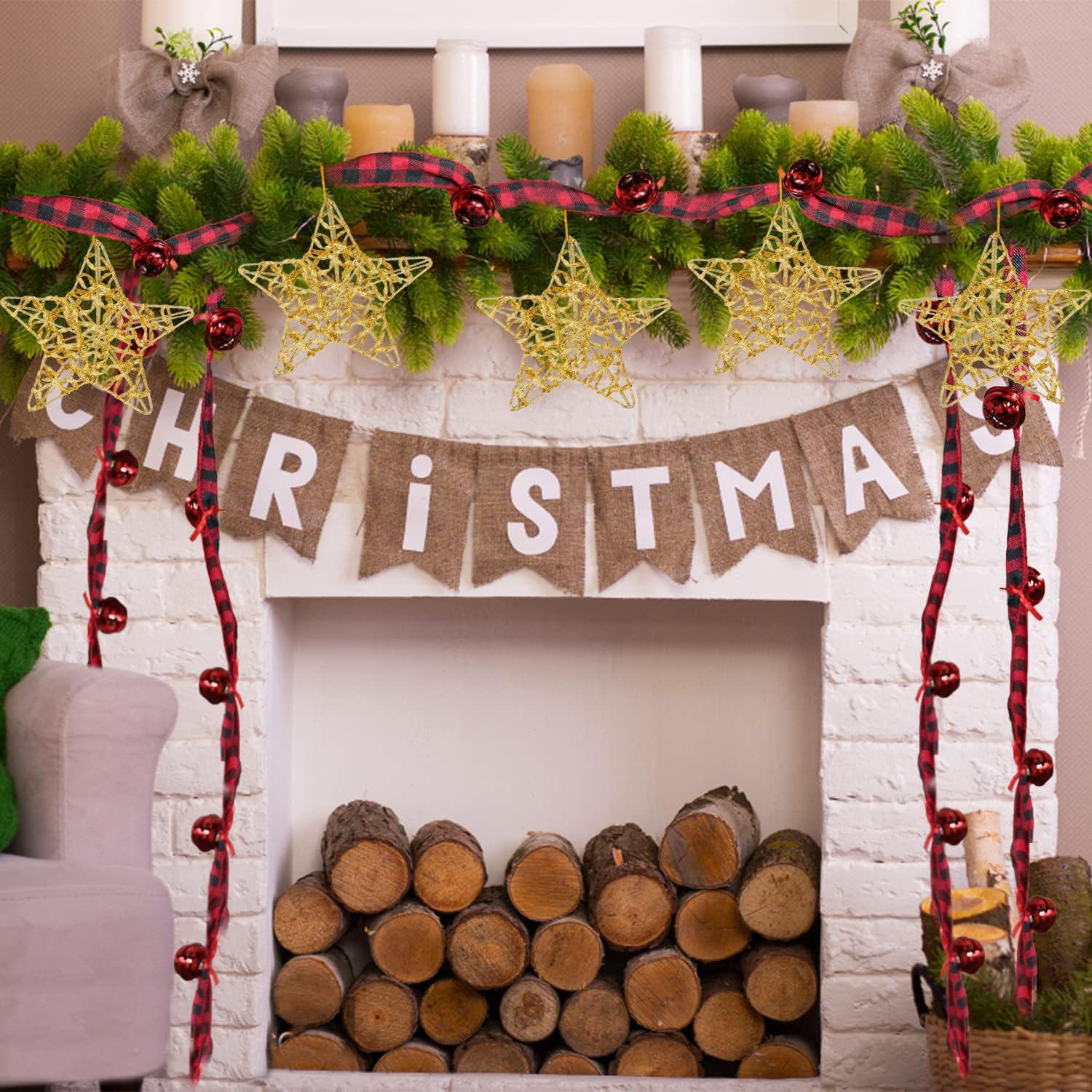 Juego de 18 piezas de adornos dorados de estrella para árbol de Navidad de 4 pulgadas, juego de decoración de árbol de Navidad con purpurina dorada