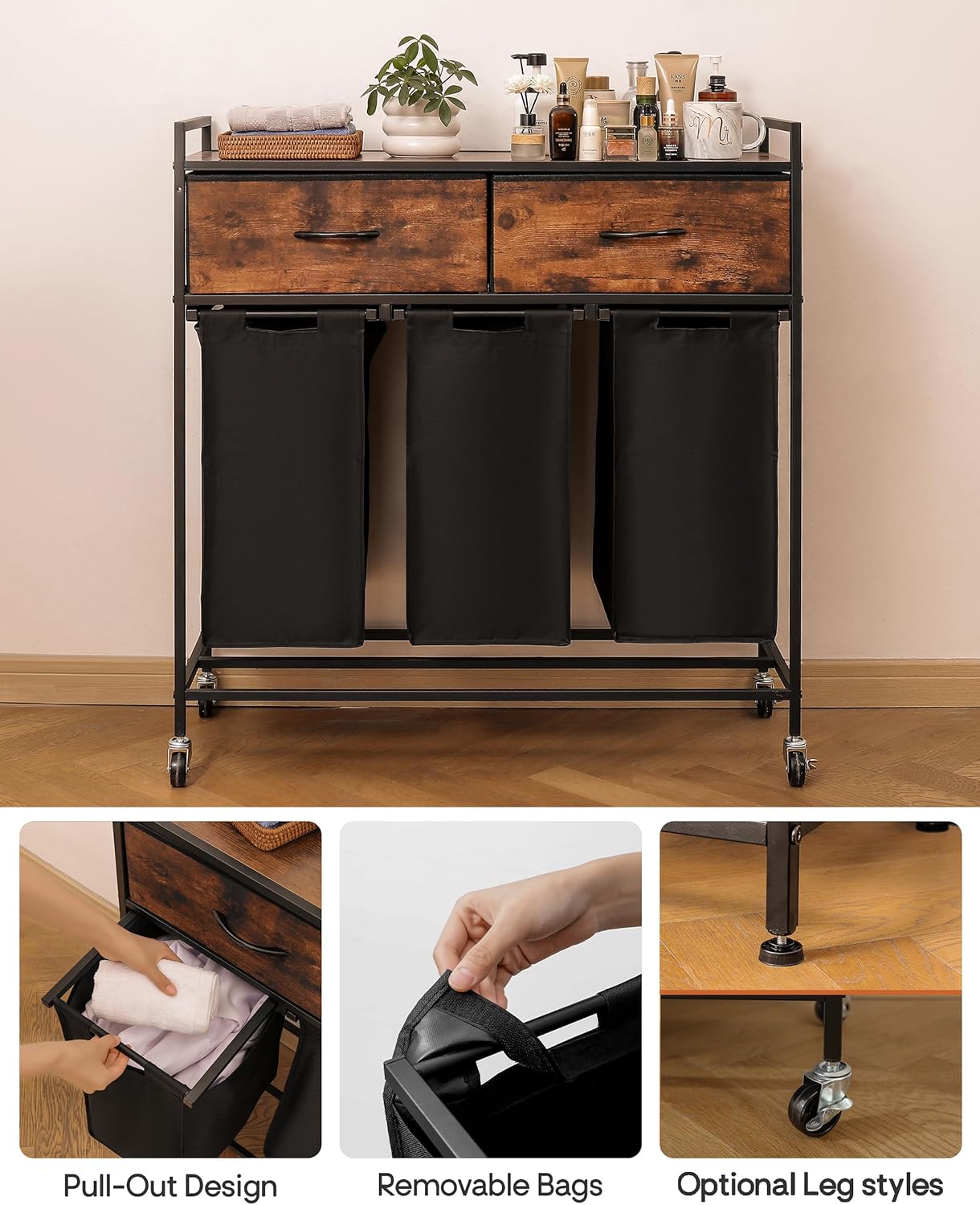 Cesta de lavandería con 2 cajones grandes, cesta de lavandería con compartimento, 3 secciones extraíbles, bolsas de lavandería hechas de tela