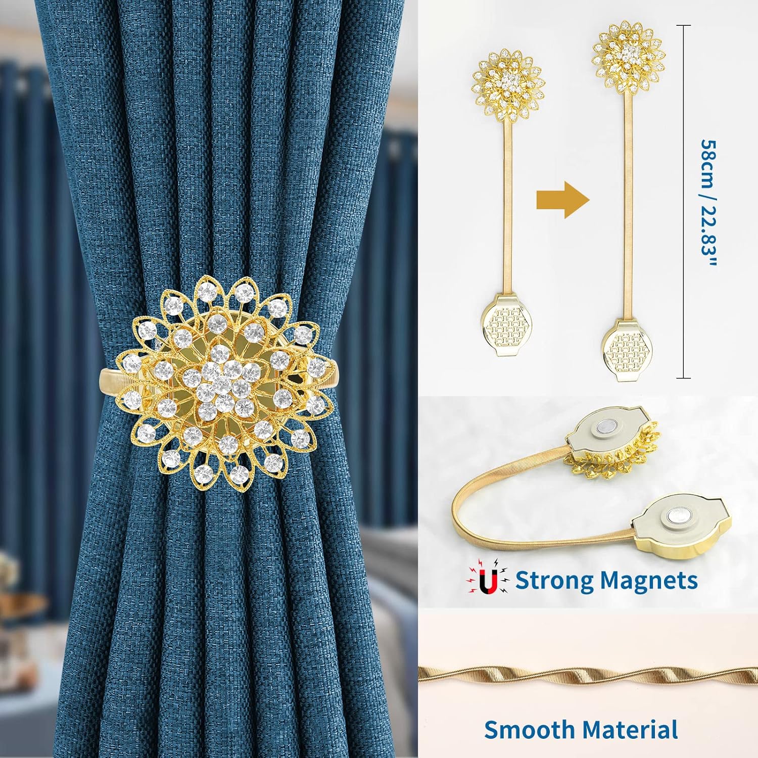 Alzapaños magnéticos de cristal, paquete de 2 soportes para hebilla de cortina de cristal, alzapaños de cortina de flores brillantes con cuerda de