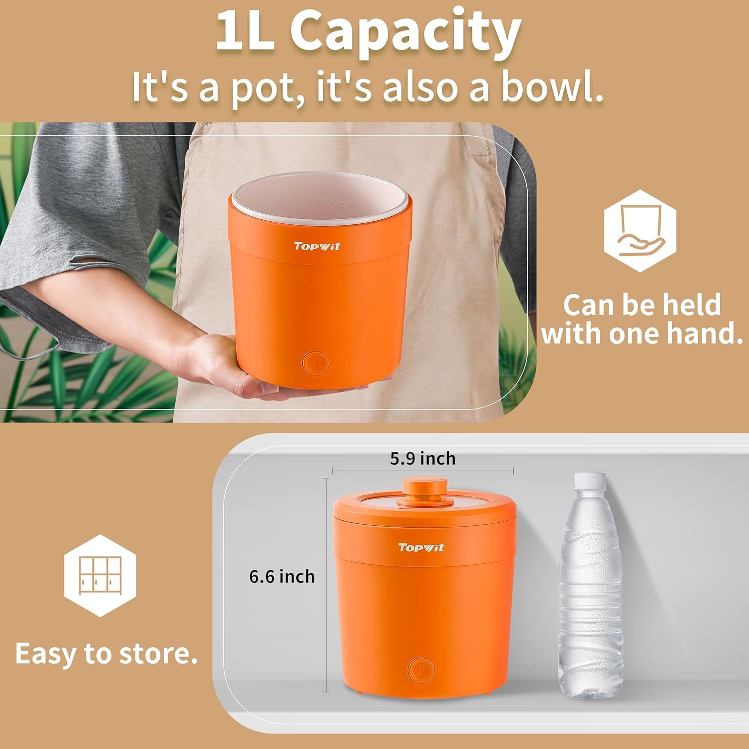 Topwit Ramen Cooker – Mini olla eléctrica de 1 litro para fideos, pasta, bistec, huevo con sobrecalentamiento y protección contra hervir en seco,