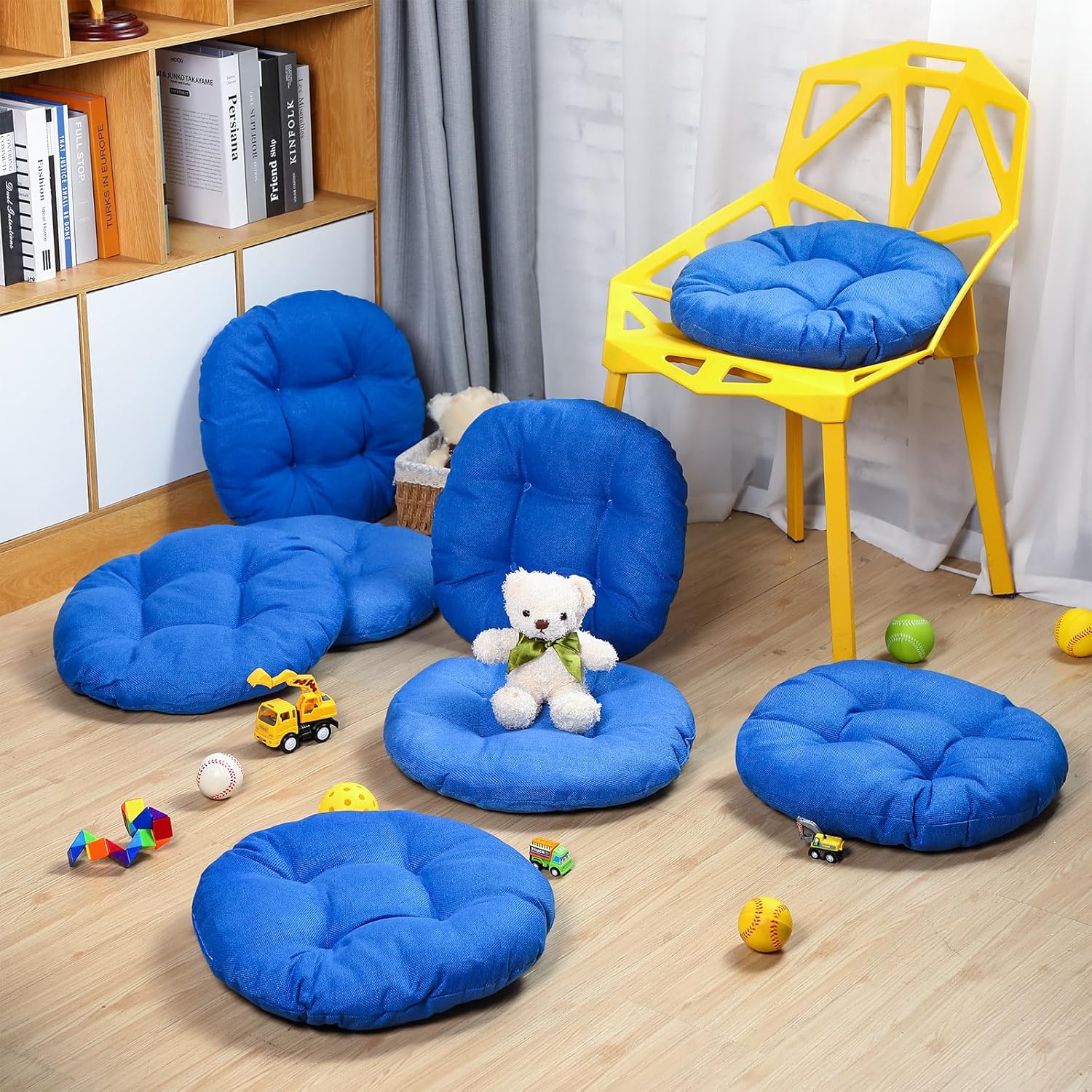 Cojines redondos de piso de 15 pulgadas para niños y niños pequeños, asiento flexible para muebles de aula, almohada de piso de 3.5 pulgadas de