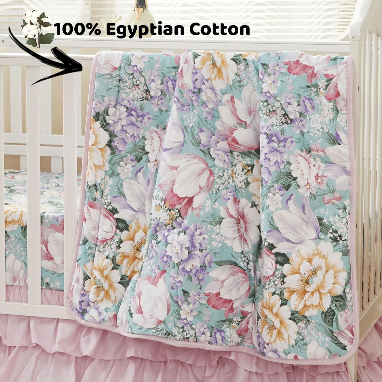 Brandream Juego de ropa de cama para cuna para niñas, 800 hilos, 100% algodón egipcio, juego de ropa de cama de 3 piezas, edredón de flores moradas,