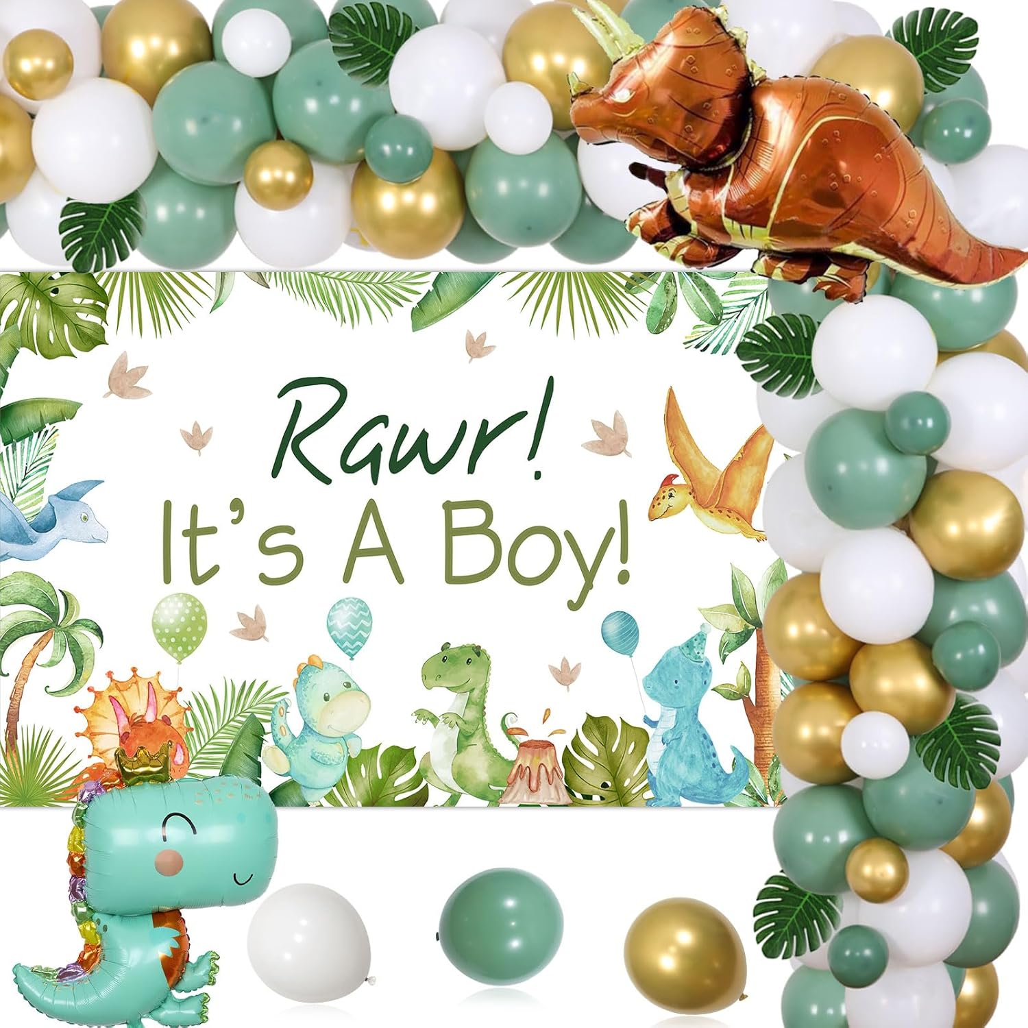 Decoraciones de dinosaurio verde salvia para baby shower, decoraciones de dinosaurio It’s a Boy – Kit de guirnalda de globos de color verde salvia,
