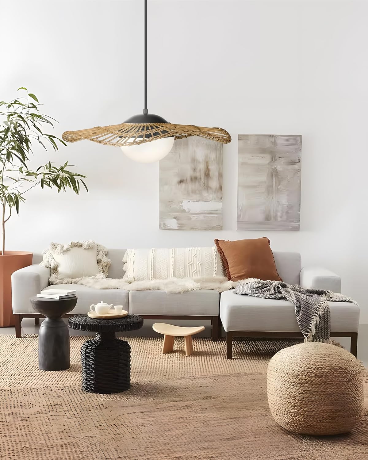 HWH – Lámpara colgante de ratán LED, lámpara colgante de bambú de 20 pulgadas, iluminación costera tejida a mano, sombrero de paja, jaula de paja,