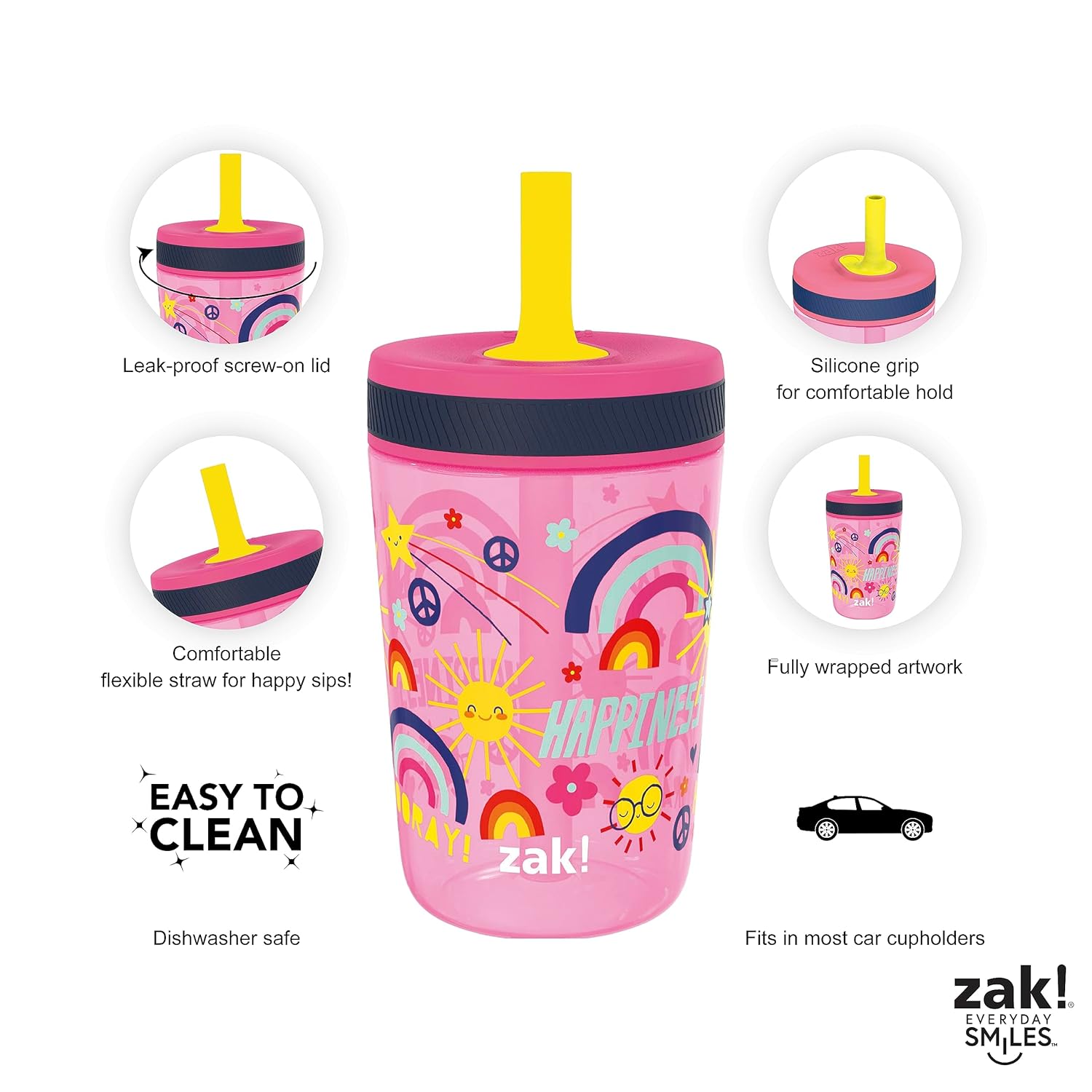 Zak Designs Kelso – Juego de vasos de 15 onzas, (Starpower) sin BPA a prueba de fugas con tapa de rosca con pajilla, hecho de plástico duradero y