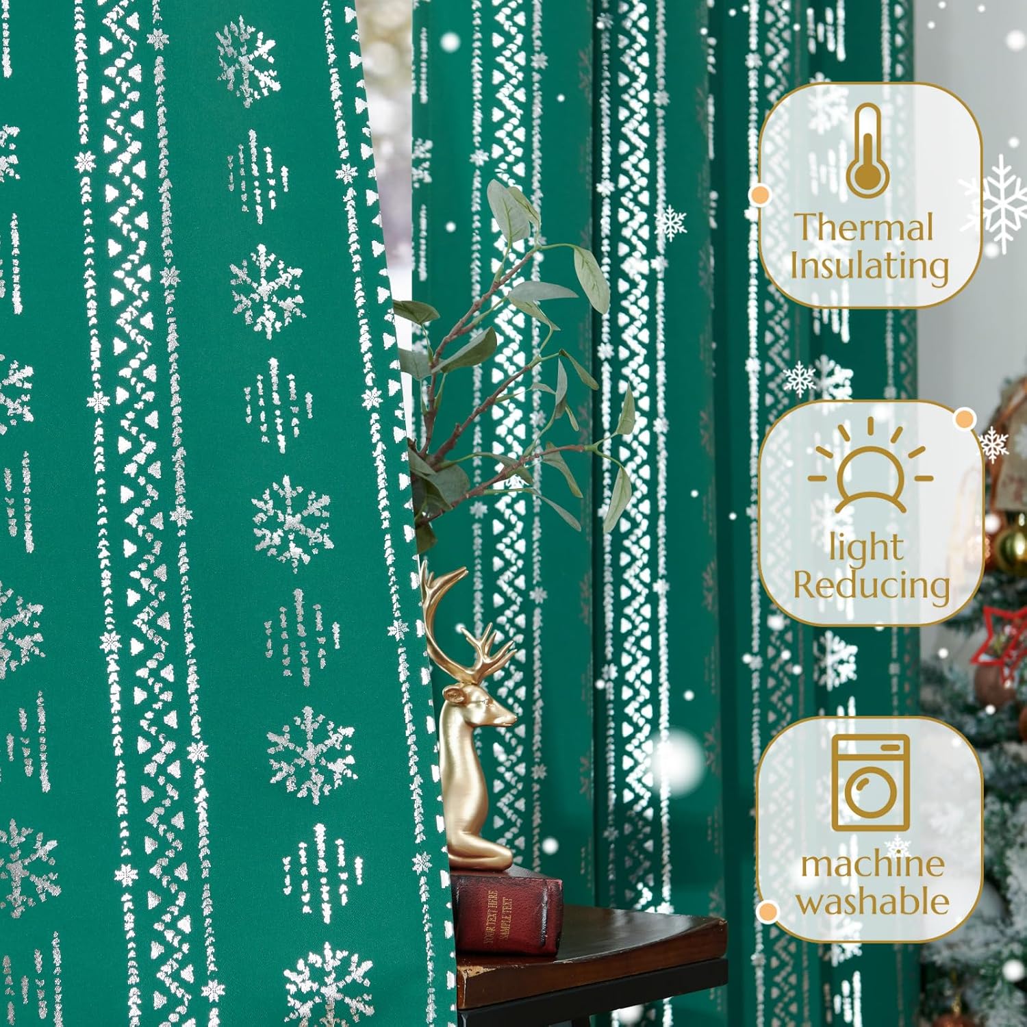 jinchan Cortinas de Navidad con copos de nieve plateados de 84 pulgadas de largo, cortinas bohemias para oscurecer la habitación, cortinas bohemias
