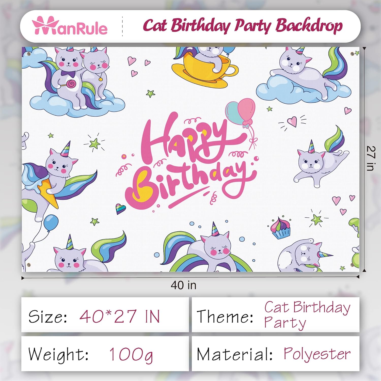 ManRule Suministros para fiesta de cumpleaños de gato, sombrero de gato, bandana de gato, telón de fondo de cumpleaños de gato decoraciones de