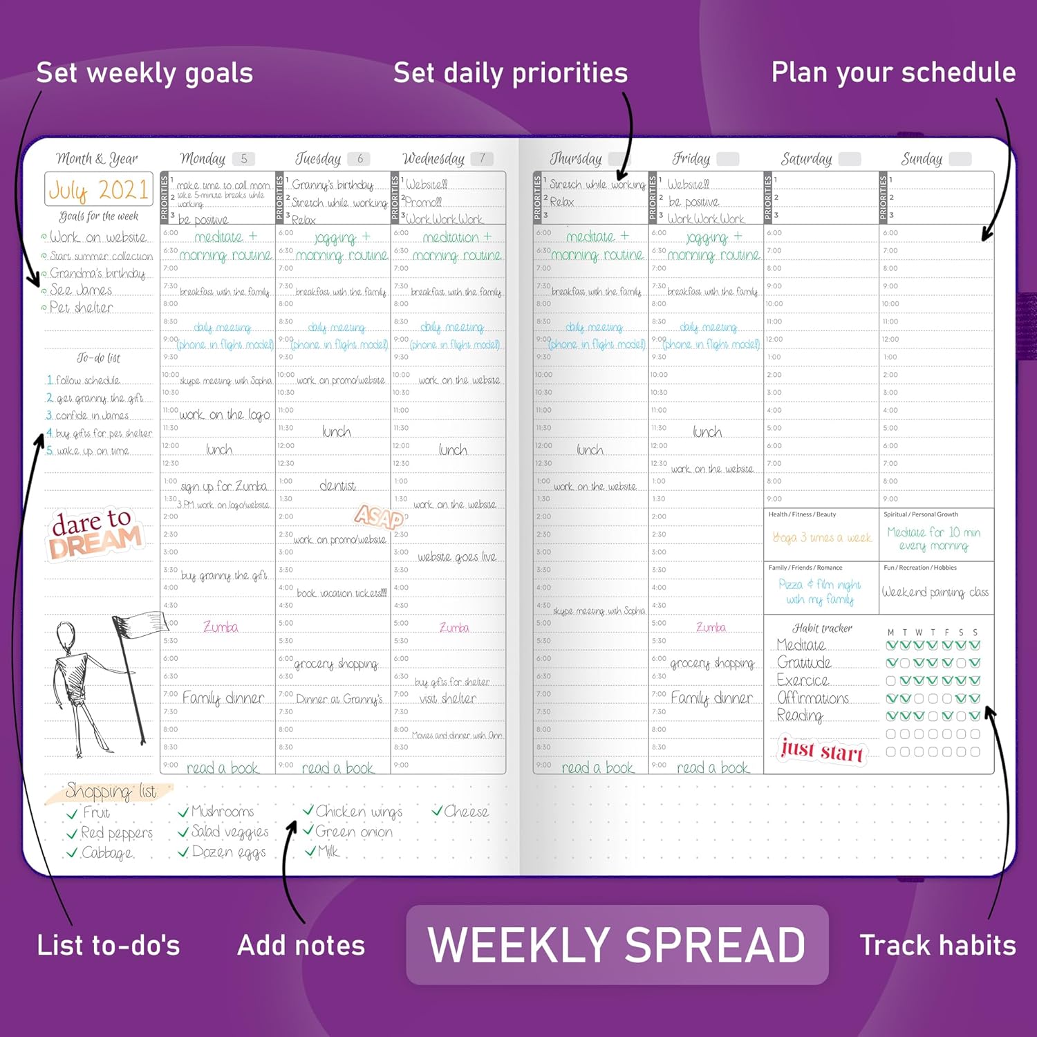 GoGirl Agenda semanal  Planificador de trabajo y vida por hora sin fecha con ranuras de tiempo  Organizador vertical para gestión diaria del tiempo