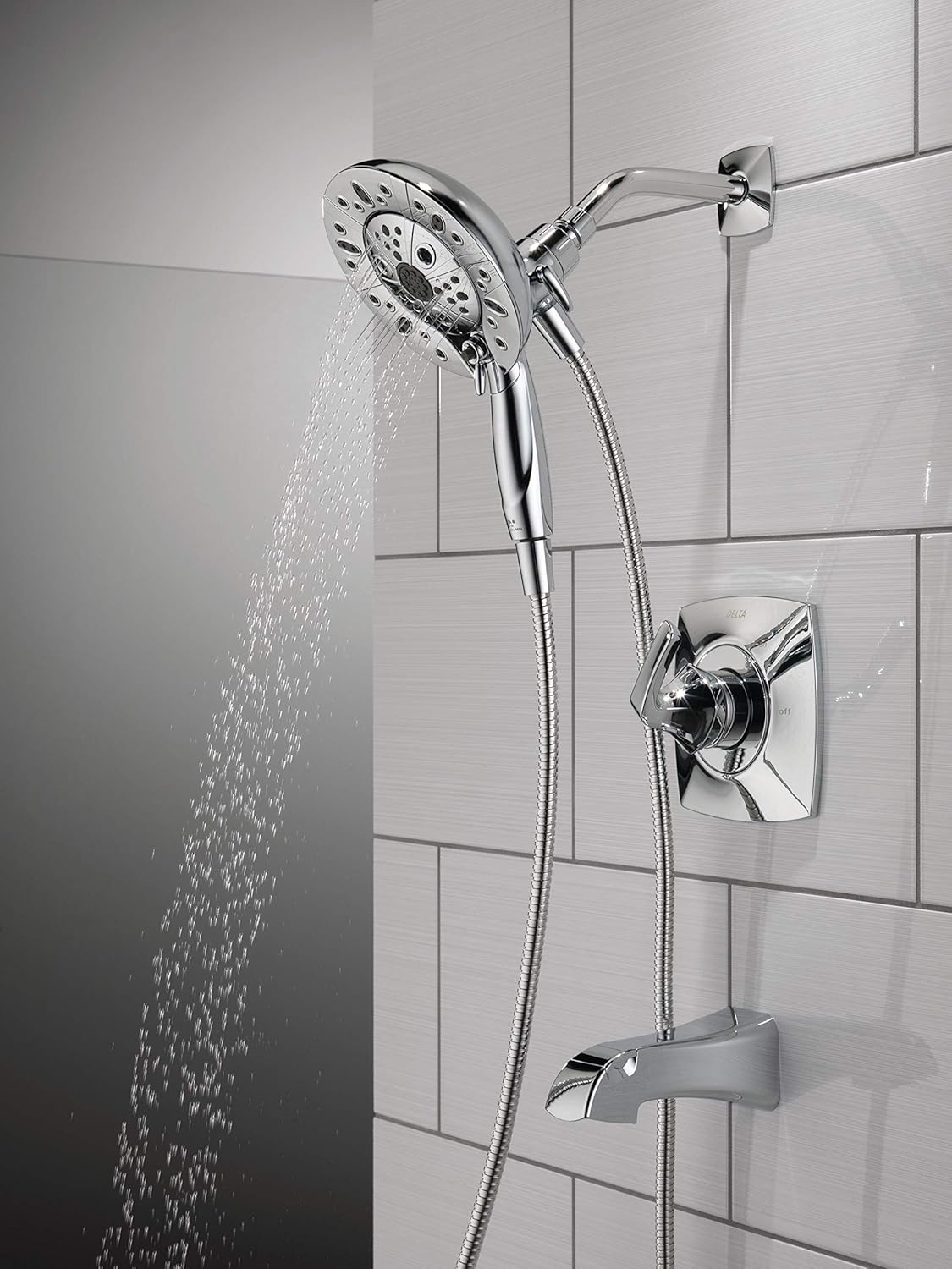 Delta Faucet Vesna 144789-I – Kit de molduras de ducha de un solo mango con cabezal de ducha de mano doble H2Okinetic In2ition de 5 pulverizaciones