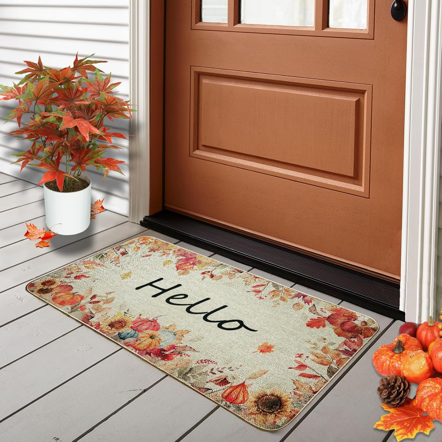 Voanos Tapete de puerta con diseño de otoño con diseño de hojas de arce y calabazas, tapete de goma antideslizante para interiores y exteriores, 17