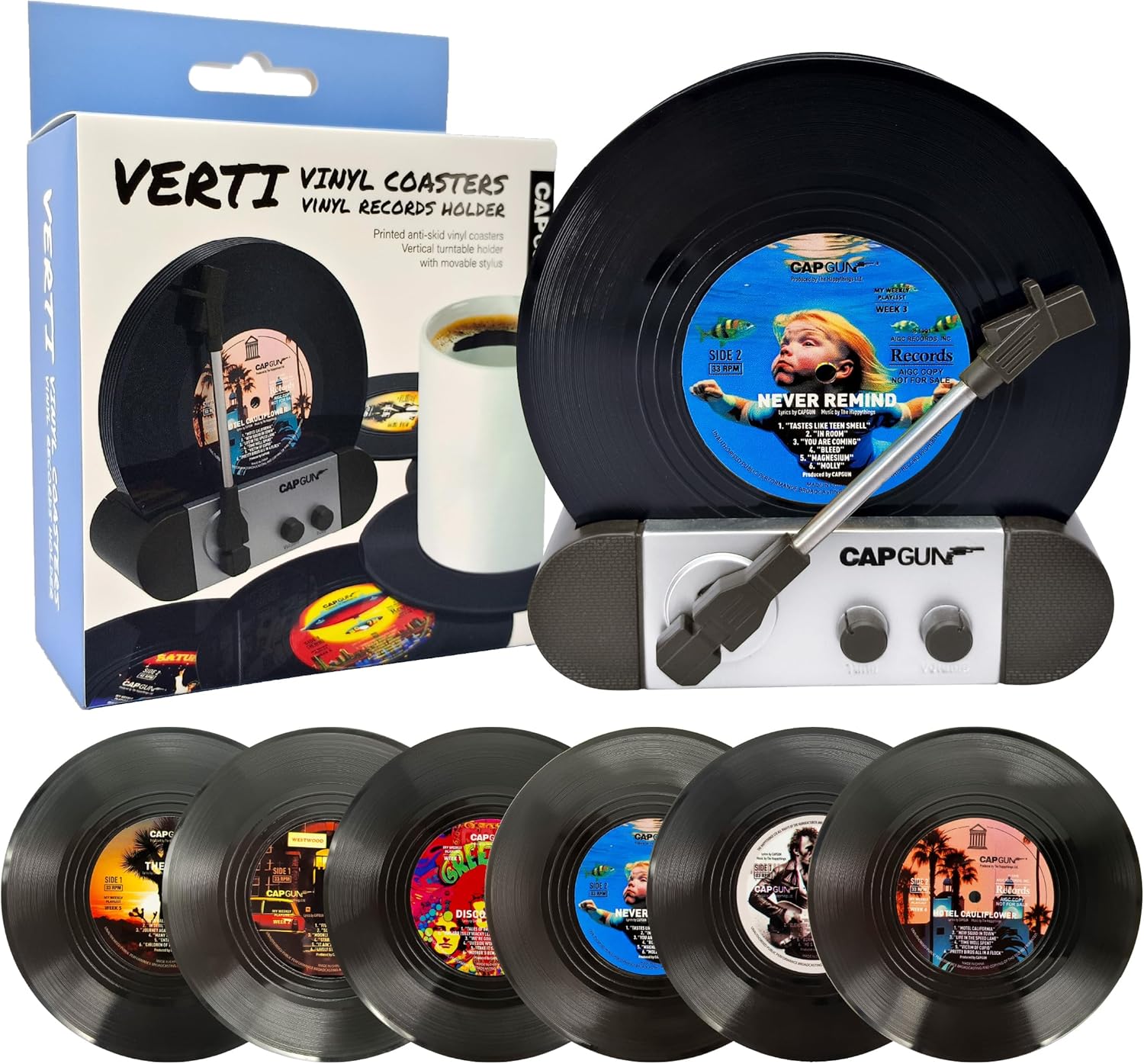 Divertidos posavasos retro para discos de vinilo, juego de 6 posavasos creativos con soporte para tocadiscos de vinilo para amantes de la música,