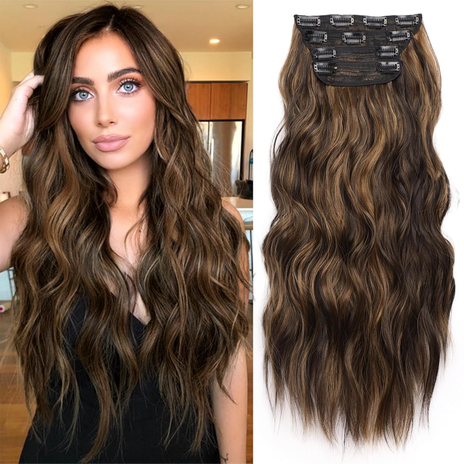 KooKaStyle – Extensión de cabello sintético con pinza, largo y ondulado, con fibra de doble trama, de 20 pulgadas para mujer, 4 piezas, color marrón