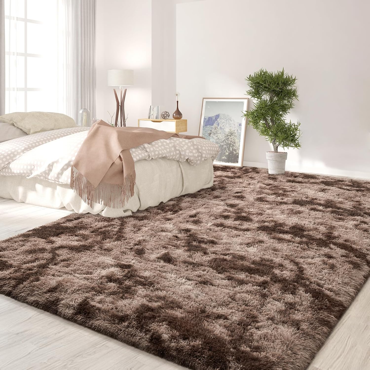 FlyDOIT Alfombras de área grandes para sala de estar, 5 x 8 pies, teñido anudado, color café, peludas, mullidas, ultra suaves, modernas, para
