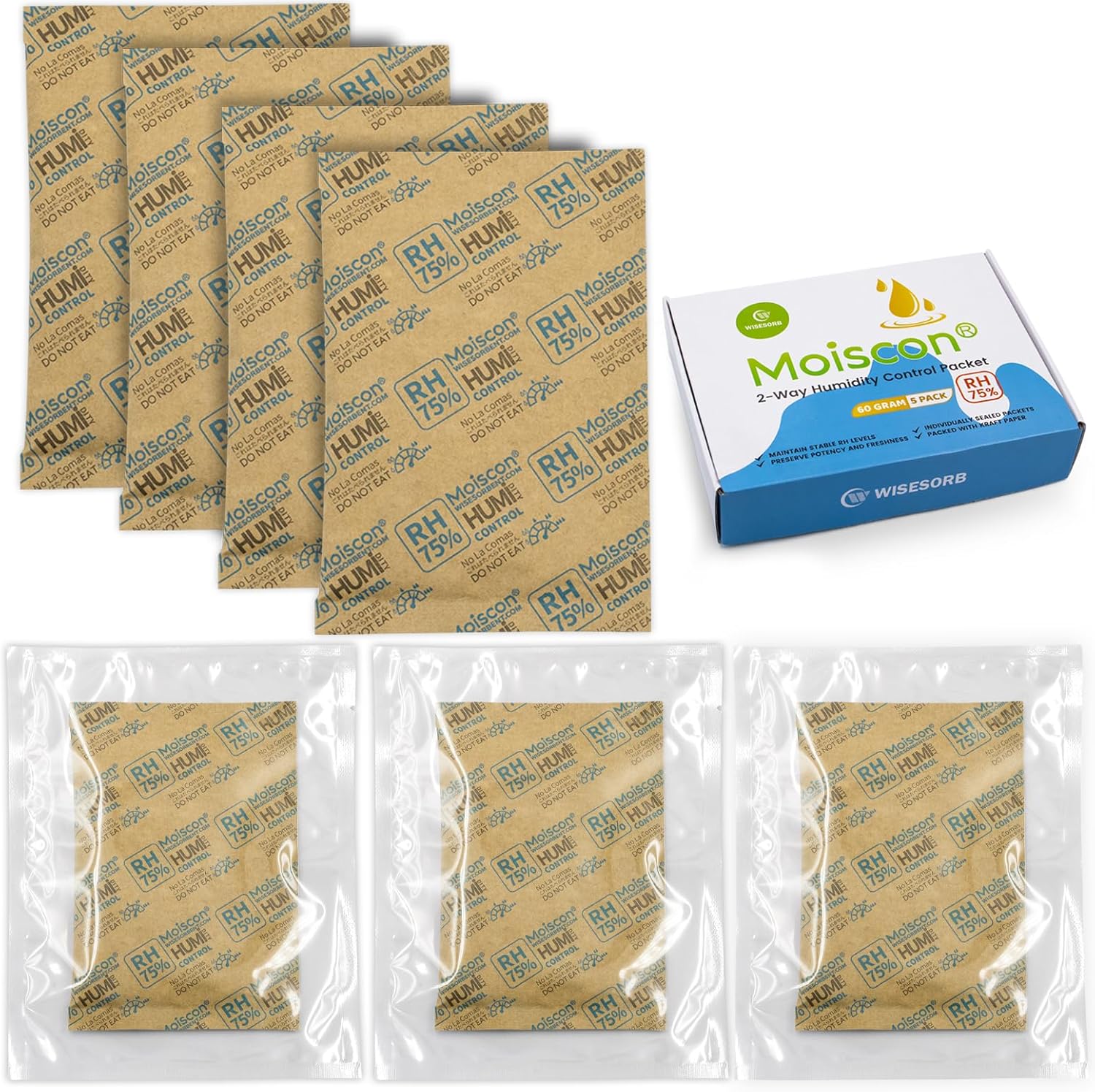 Paquetes de control de humedad bidireccional del 75%, paquete de 5 de 2.12 oz para almacenar 1 libra, tamaño 60 paquetes de control de humedad