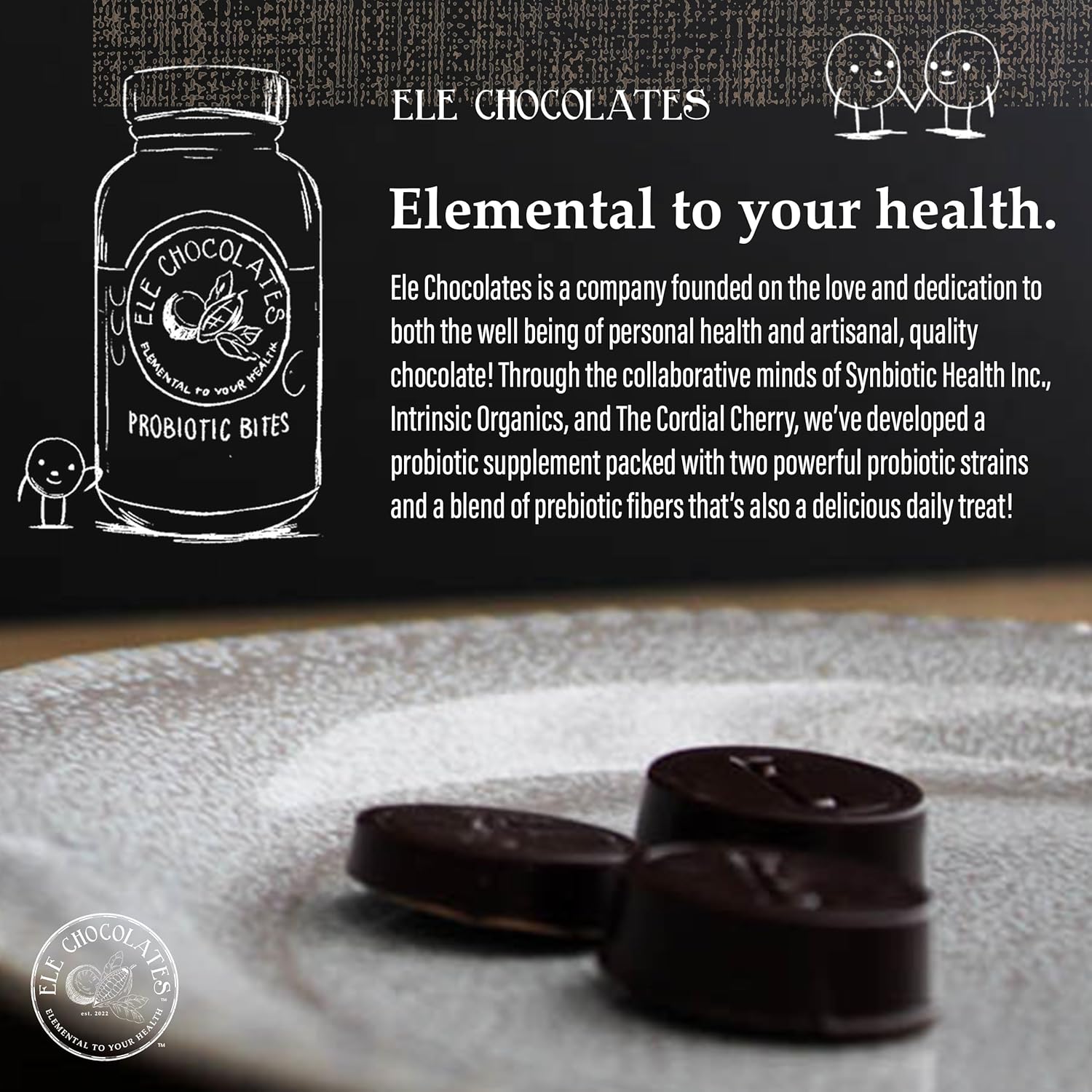 Ele Chocolates Suplemento probiótico diario de chocolate negro muerde 3 mil millones de UFC para la salud intestinal digestiva, apoyo inmunológico
