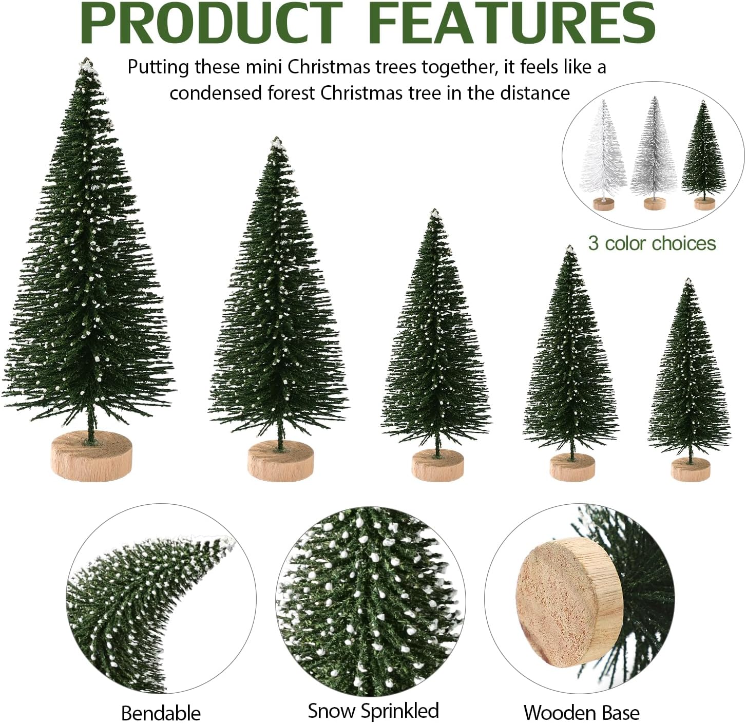 30 piezas de mini decoración de árbol de Navidad, árbol de Navidad artificial, 5 tamaños, mini árboles de escarcha de nieve de sisal con base de