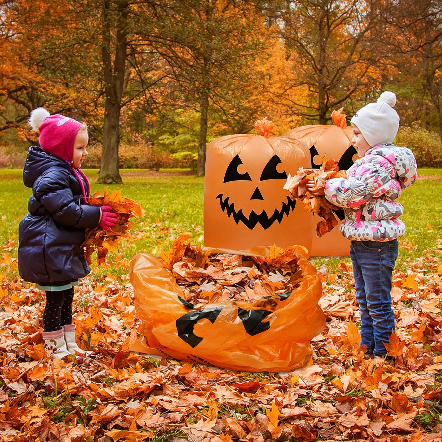 6 bolsas de calabaza de Halloween para césped, incluye 2 bolsas de 48 x 36 pulgadas de calabaza sonriente y 4 bolsas de basura de Halloween de 30 x