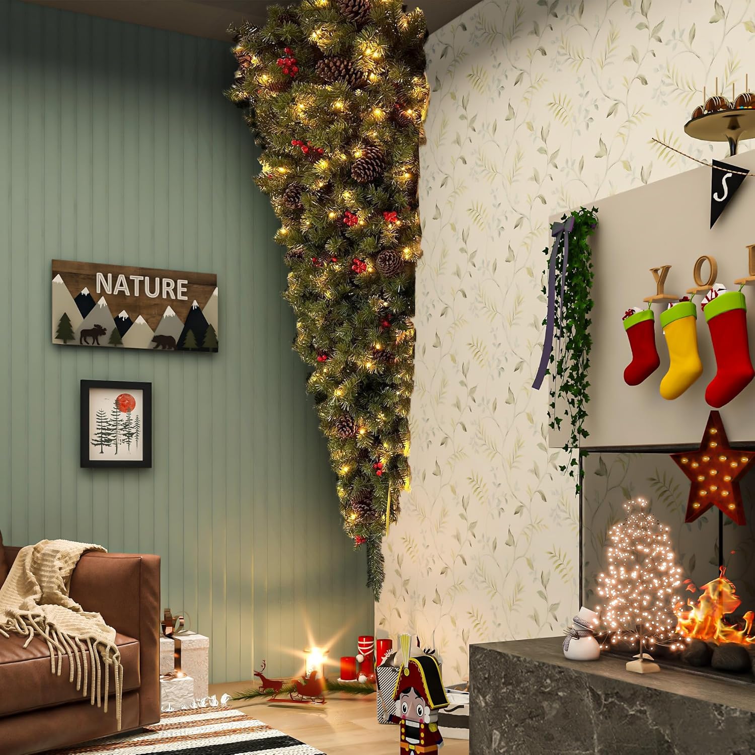 Árbol de Navidad, árbol de Navidad colgante boca abajo de 6 pies, árbol de Navidad colgante del techo, árbol de Navidad con 300 luces LED blancas
