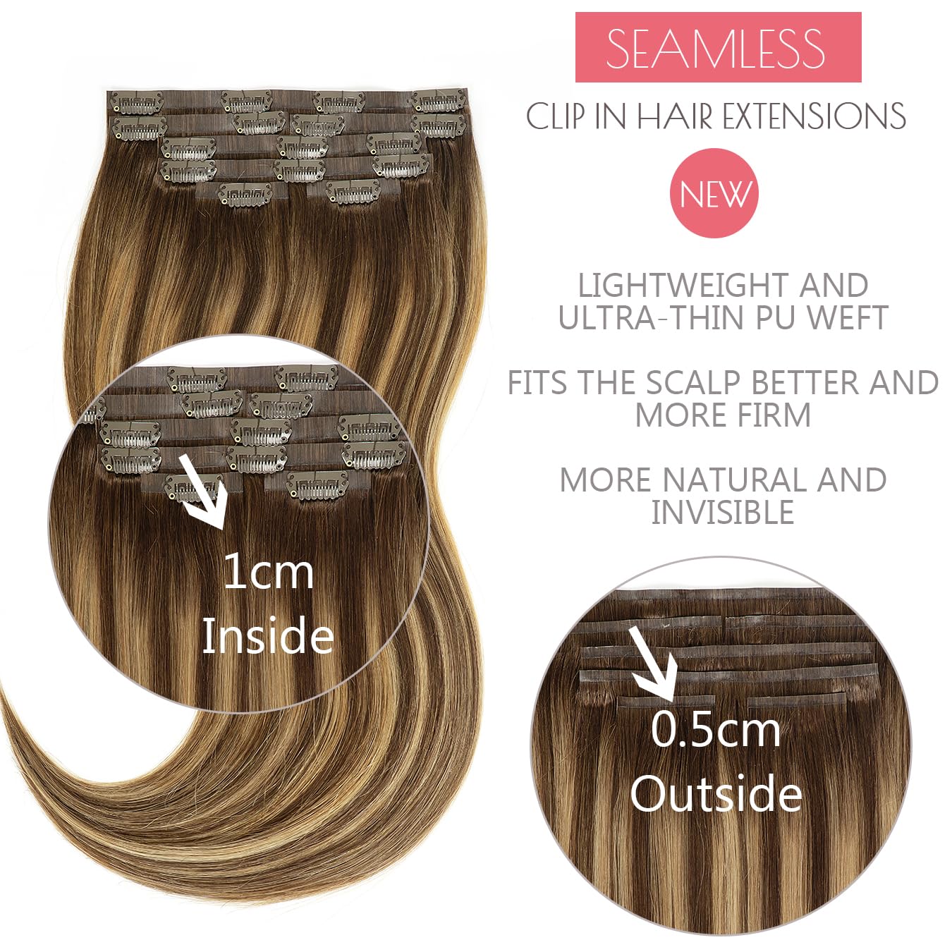 Loxxy – Extensiones de cabello humano Remy, sin costuras, con clip, color marrón chocolate mezclado con rubio caramelo, trama invisible de