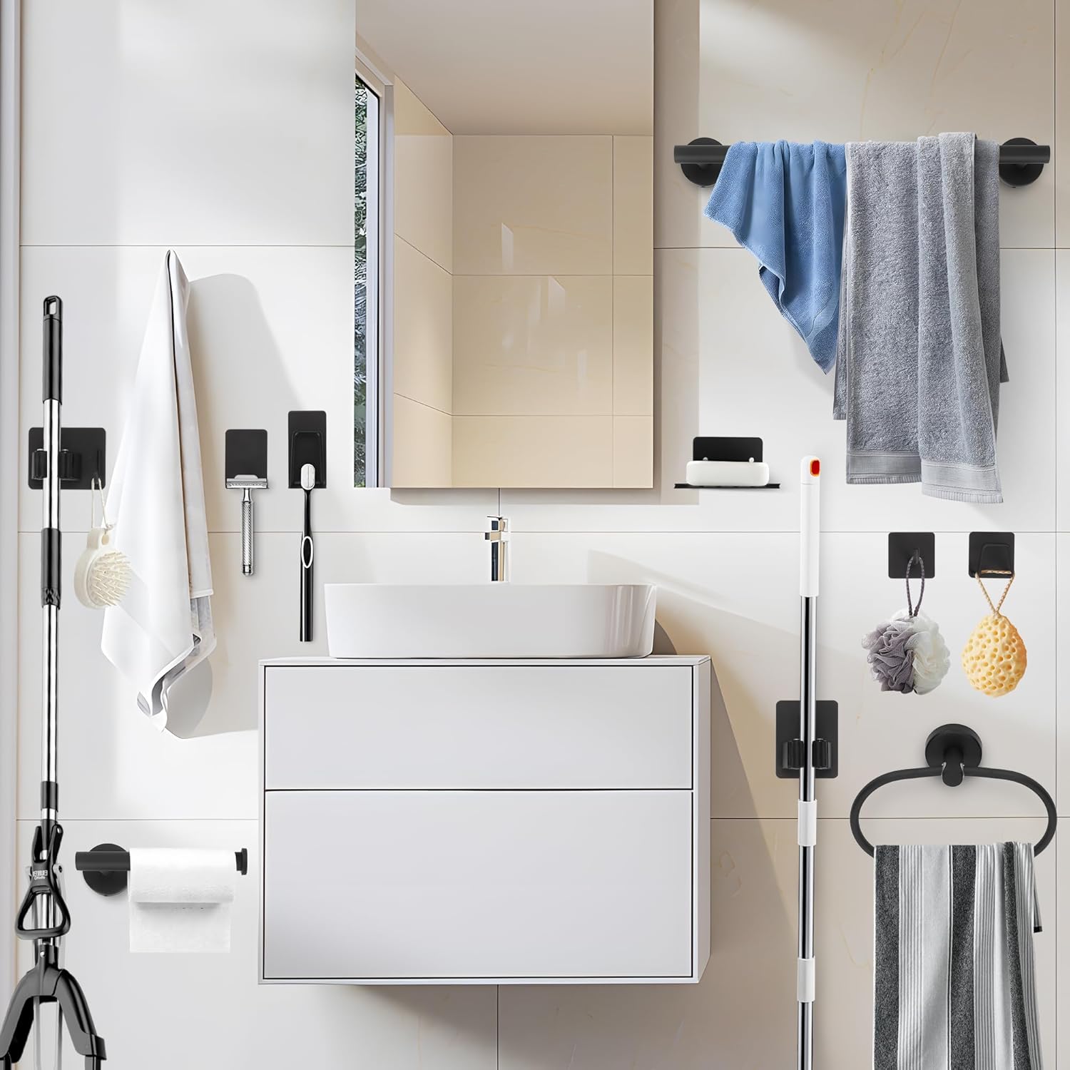 jxgzyy Juego de accesorios de baño de 15 piezas, barra de toalla ajustable color negro mate, juego de accesorios de baño, gancho para bata montado