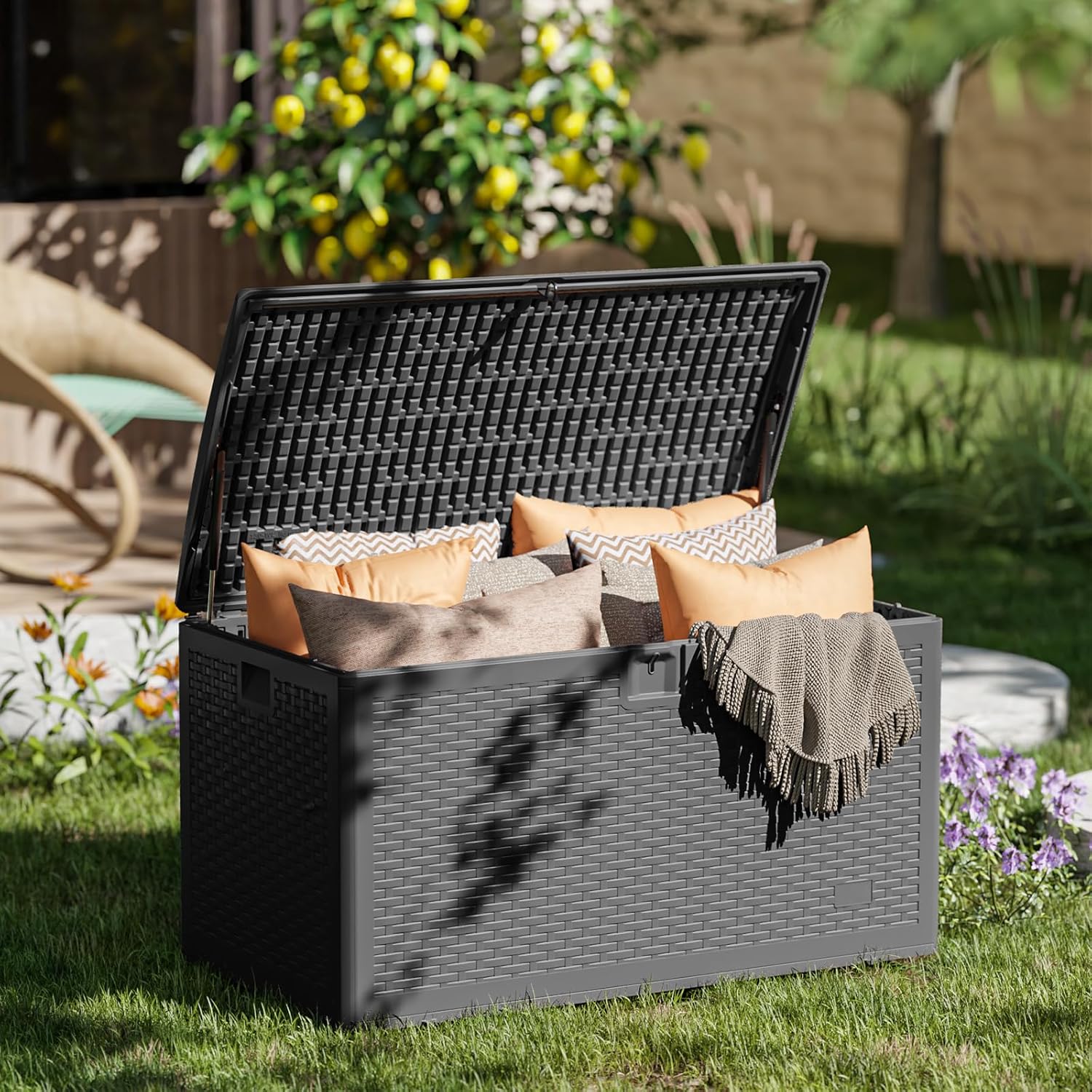 UDPATIO Caja de cubierta extragrande de 120 galones, caja de almacenamiento impermeable de doble pared, caja de resina duradera para exteriores,