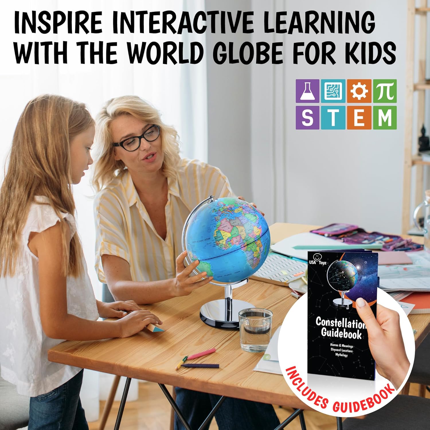 USA Toyz Globo iluminado para el aprendizaje de los niños globos del mundo con soporte 3 en 1 STEM Kids Globe, luz nocturna constelación escritorio