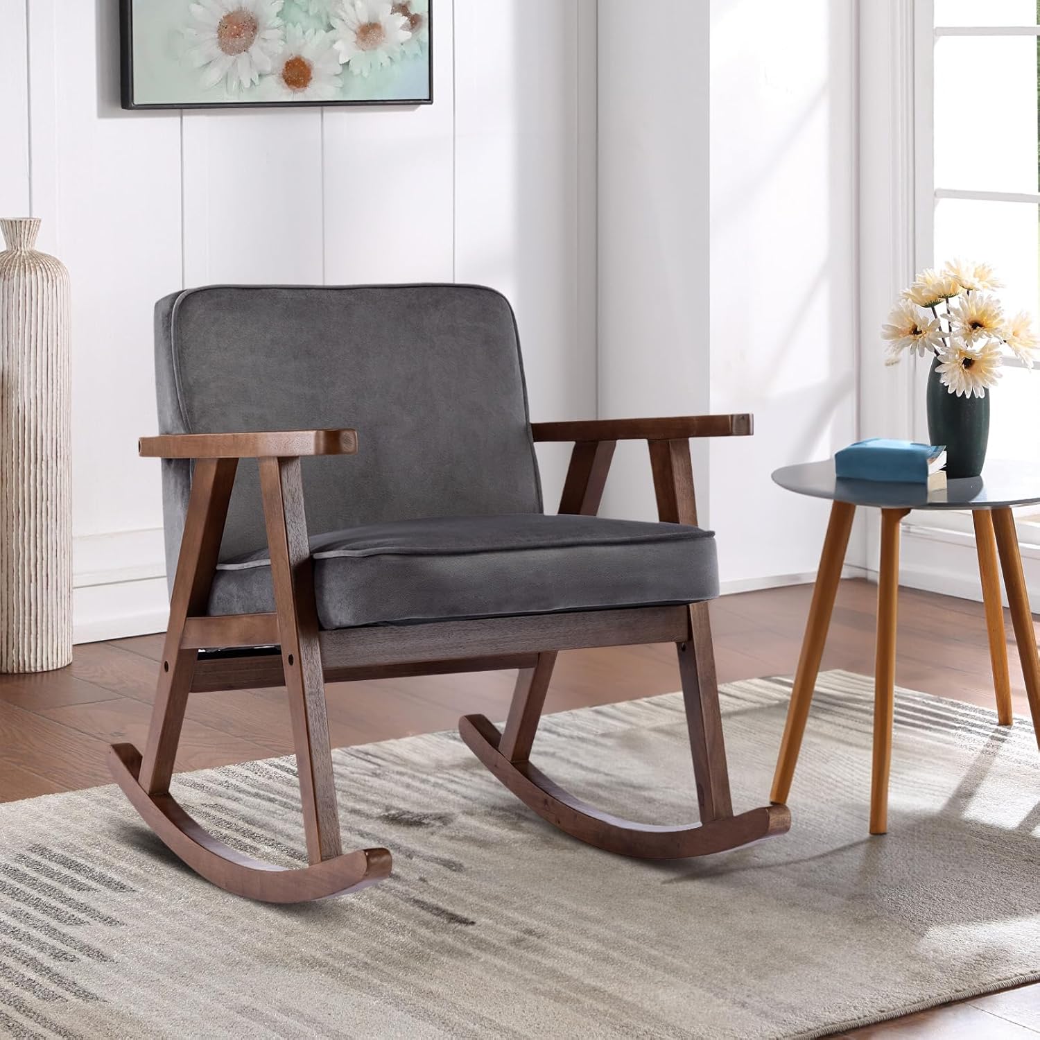 KINFFICT Mecedora tapizada, mecedora mecedora de mediados de siglo con patas de madera maciza, cómoda silla con brazo decorativo para sala de estar,