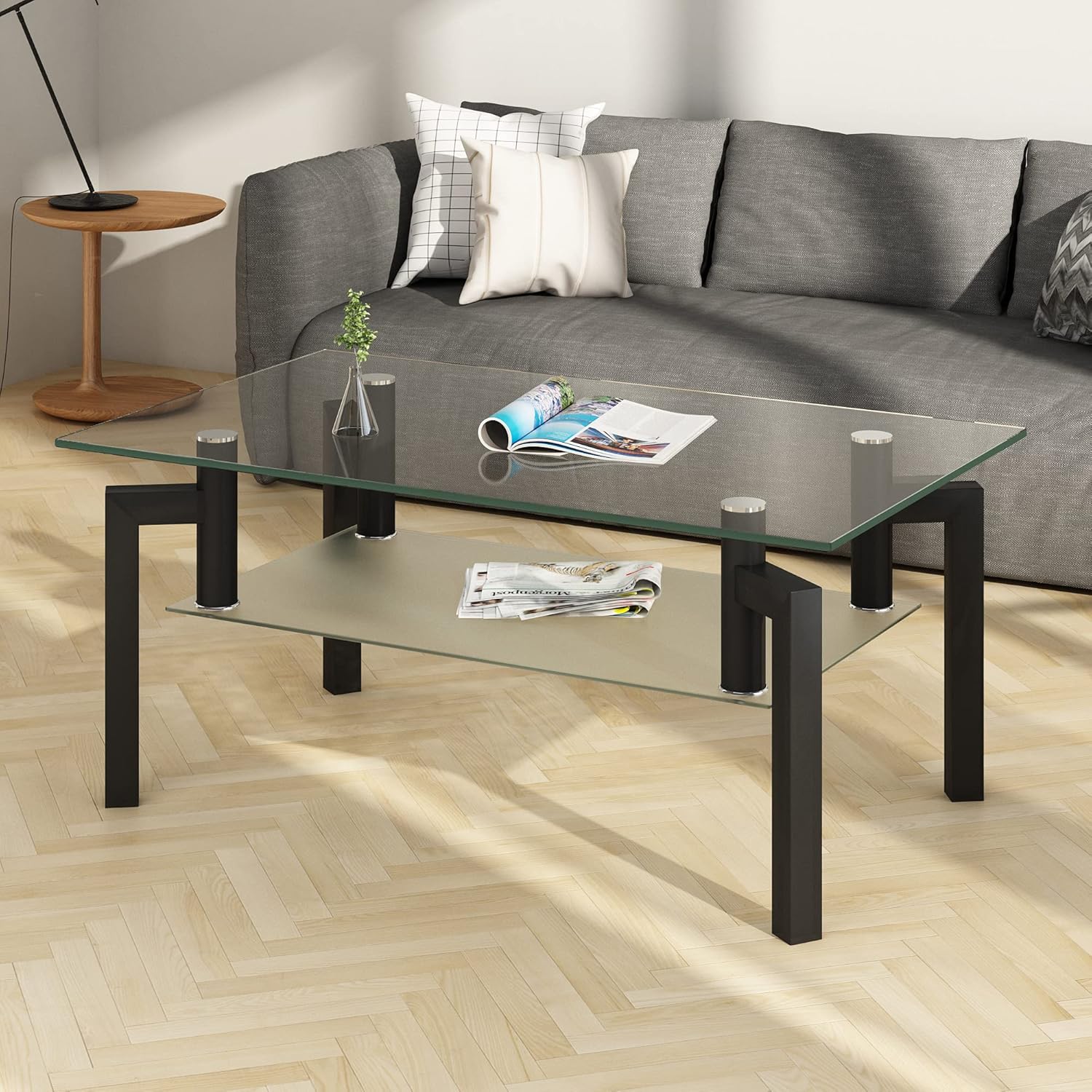 Homvdxl Mesas de centro transparentes para sala de estar, mesa de centro de 2 niveles con almacenamiento transparente y patas de metal, mesa central