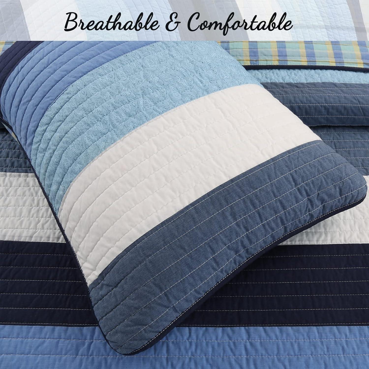 Cozy Line Home Fashions Juego de ropa de cama reversible de 100% algodón a rayas azul marino, colcha (Preston, Queen, 3 piezas)