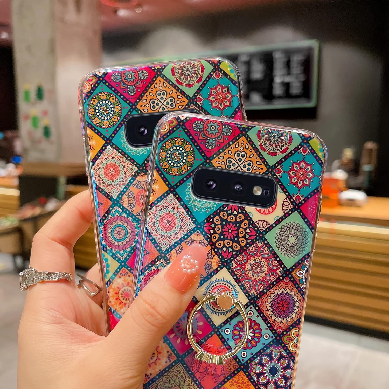 Funda para Samsung S10E (no S10), a prueba de golpes, funda de protección para adolescentes y mujeres con bonito anillo dorado soporte de flor