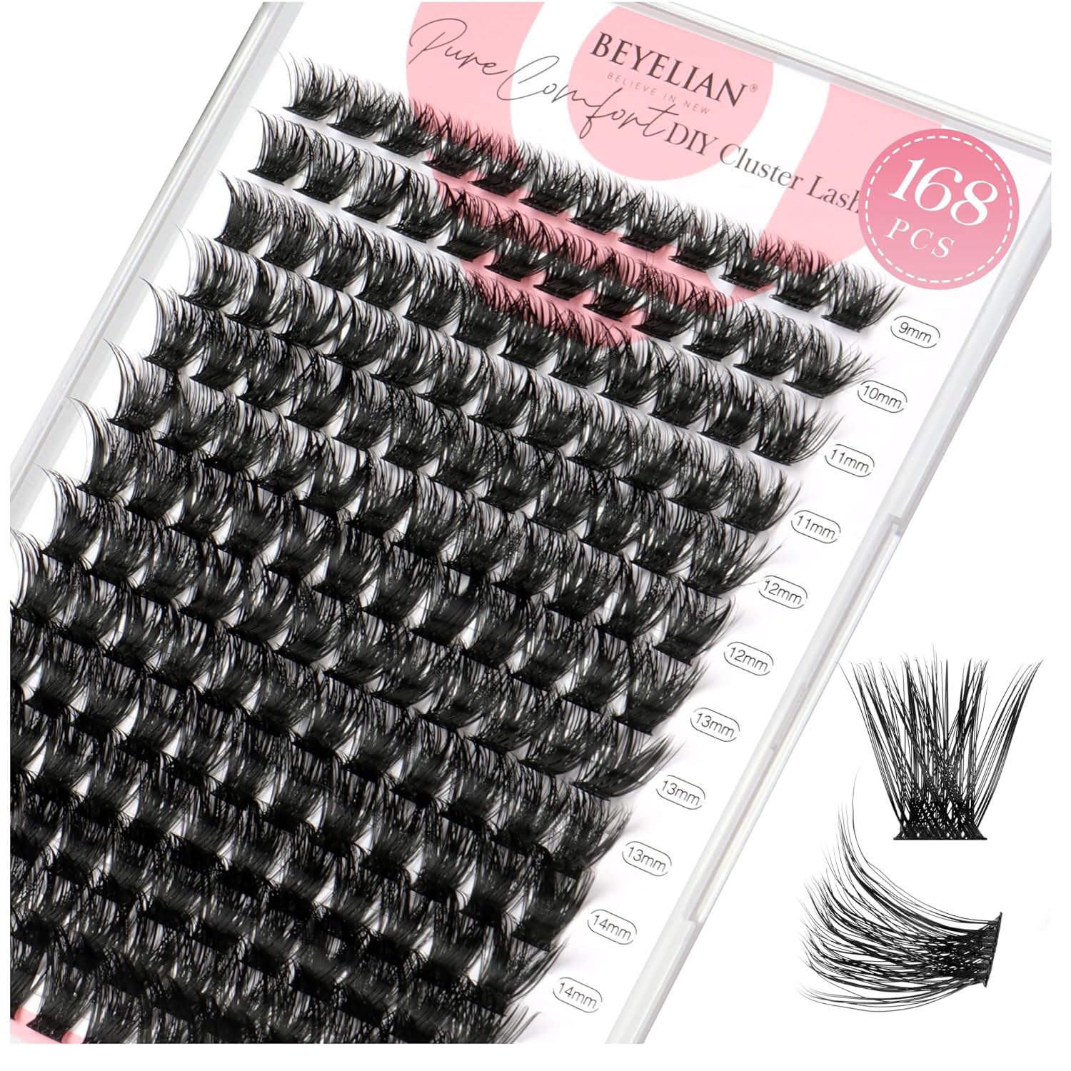BEYELIAN Extensiones de pestañas rizadas en racimo D, 168 unidades de 0.315 a 0.630 pulgadas, extensiones de pestañas de aspecto denso, banda
