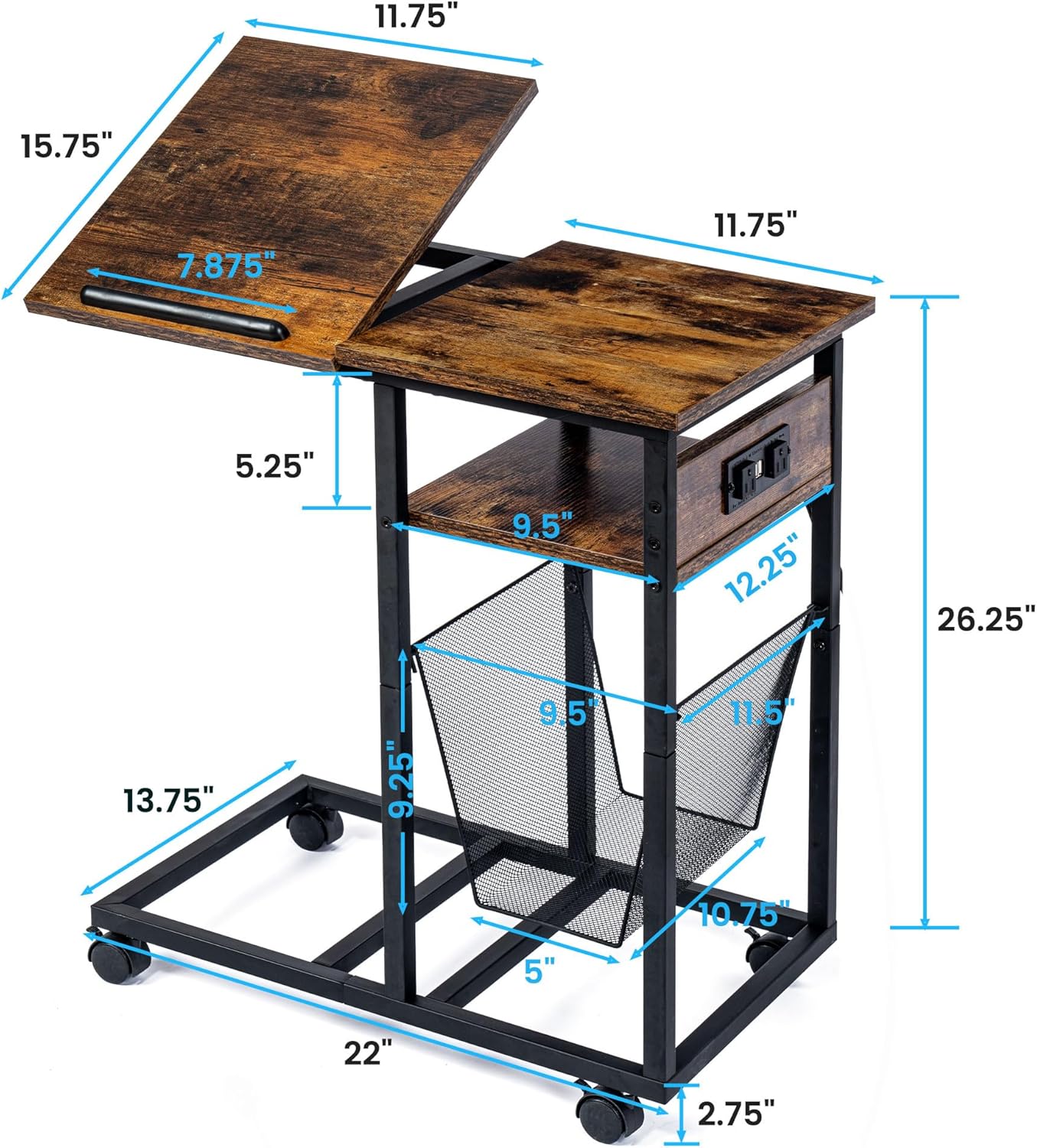 End Table C Shape with Charge Station, Tilting Top Side Table with Magazine Holder and Lockable Wheels, Easy Assembly for Living Room, Bedroom,