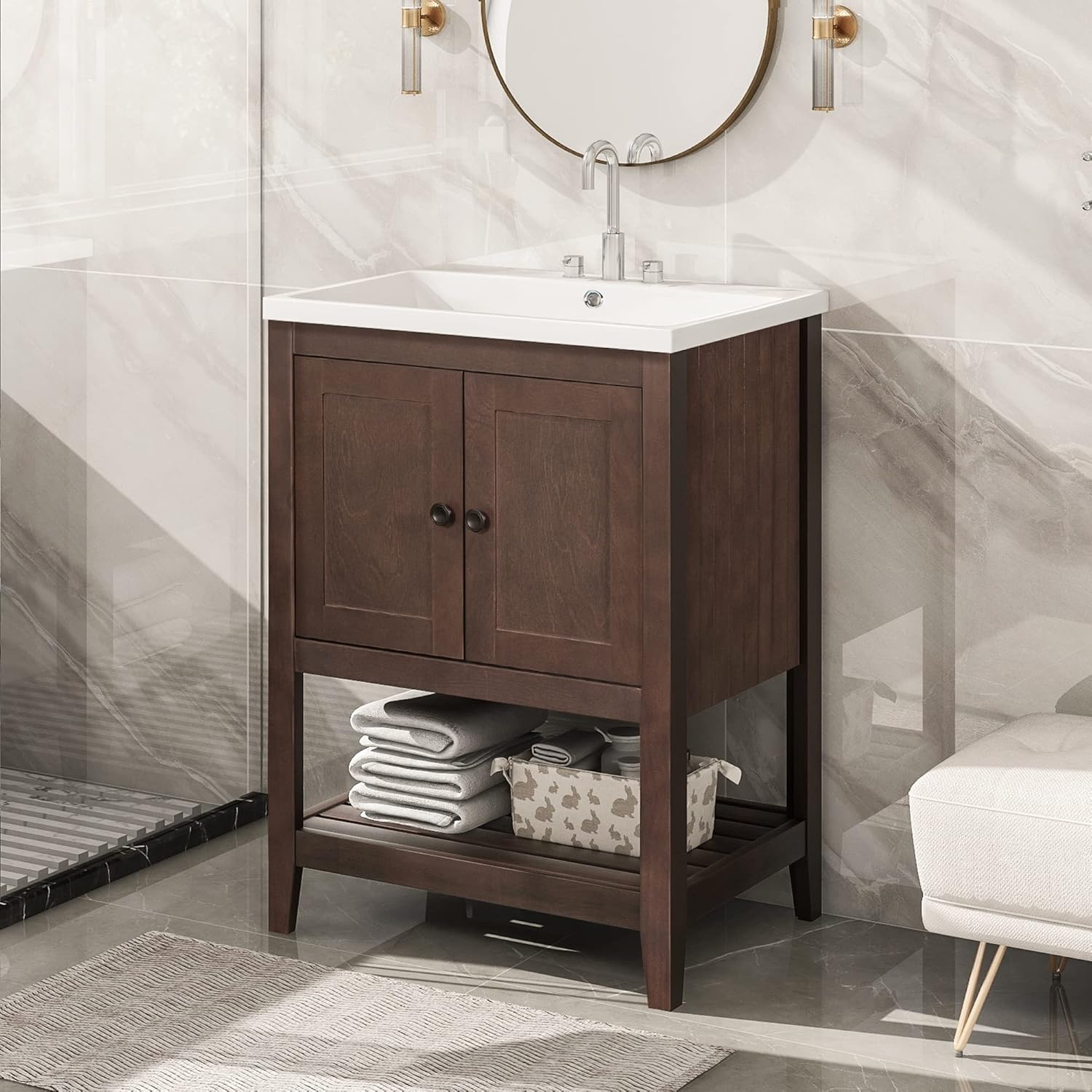 P PURLOVE Mueble de baño de 24 pulgadas con fregadero, armario de almacenamiento de baño con puertas y estante abierto, juego de fregadero de madera